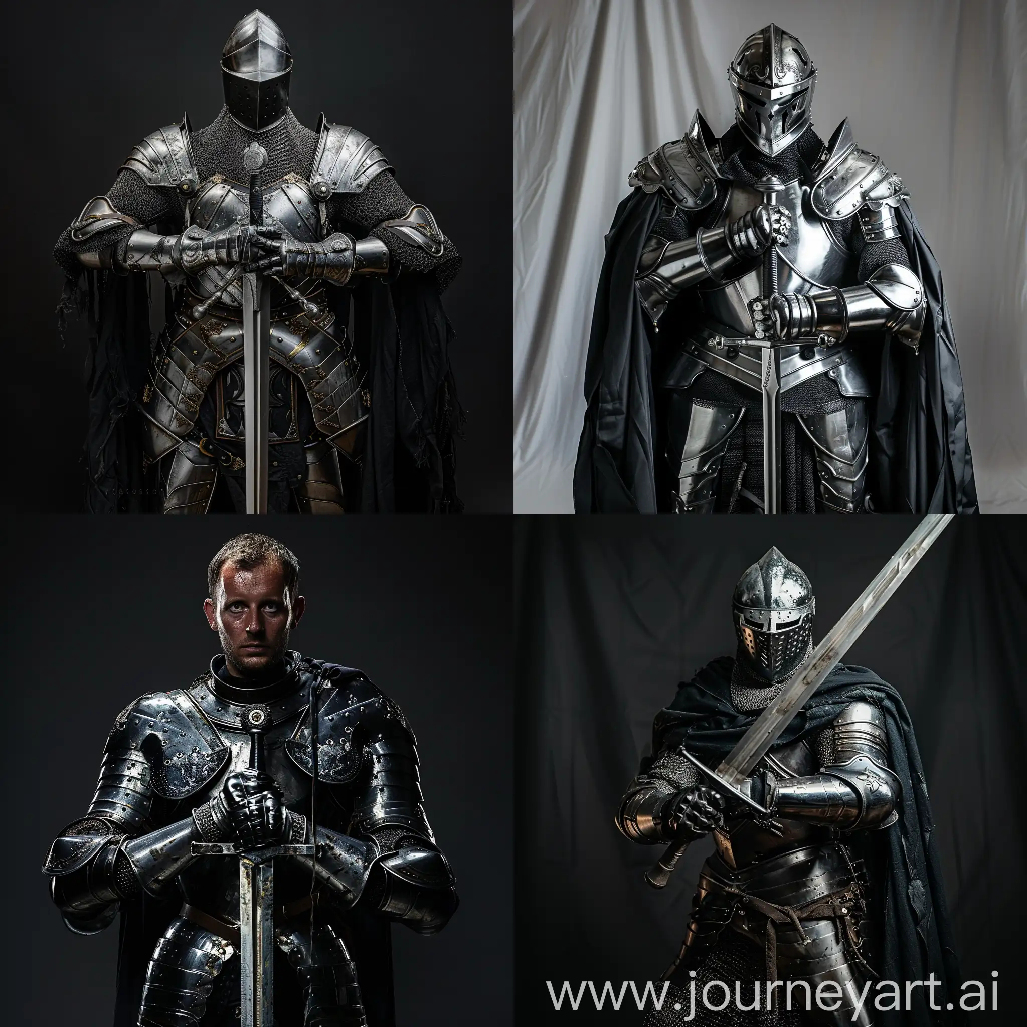 мужчина рыцарь в доспехах и с двухручным мечём, черные ткани и серебрянная броня