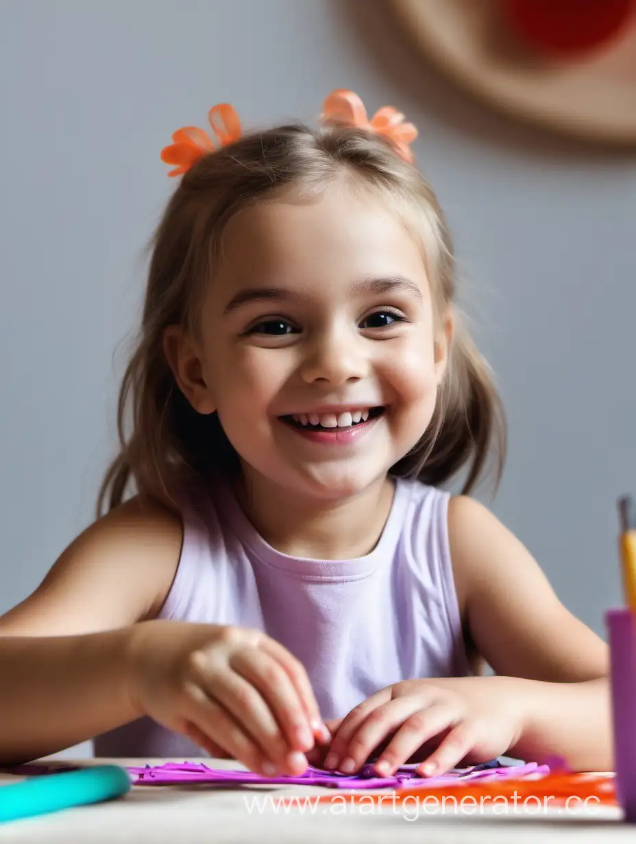 little girl makes crafts with her hands at the table and smiles