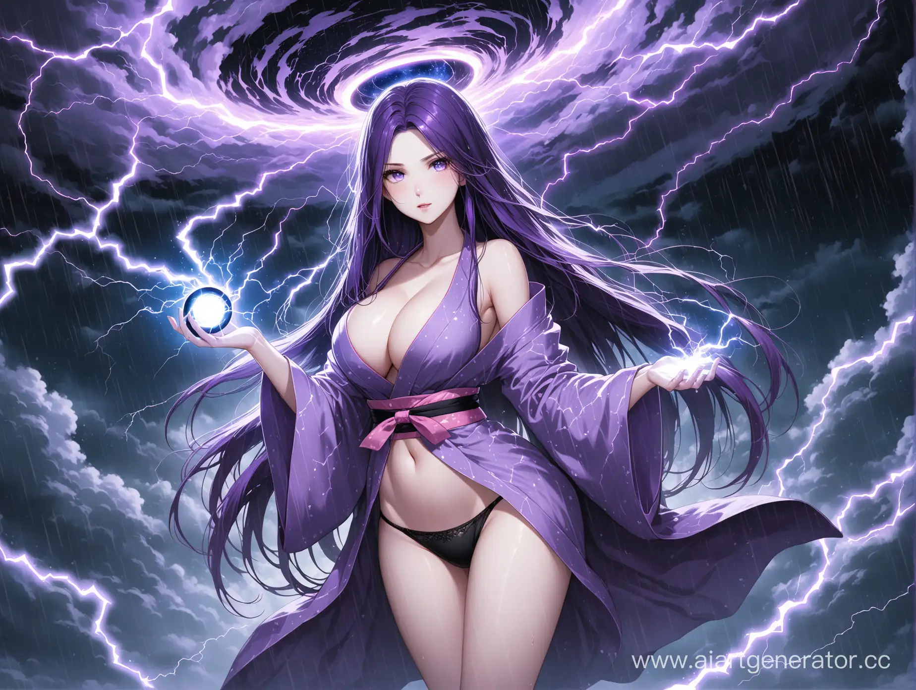 beautiful very pale woman, very long purple hair, purple eyes, short white blue and pink kimono, visible black panties, big cleavage visible shoulders, holding black hole in hand that is lighten up with electricity, lightning in black clouds, it is raining