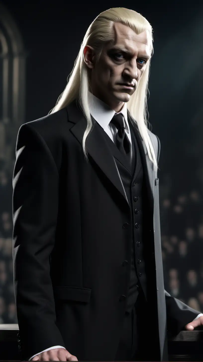 Lucius Malfoy, dressed in suit with white shirt and black necktie, standing on a tribune , hyper-realistic