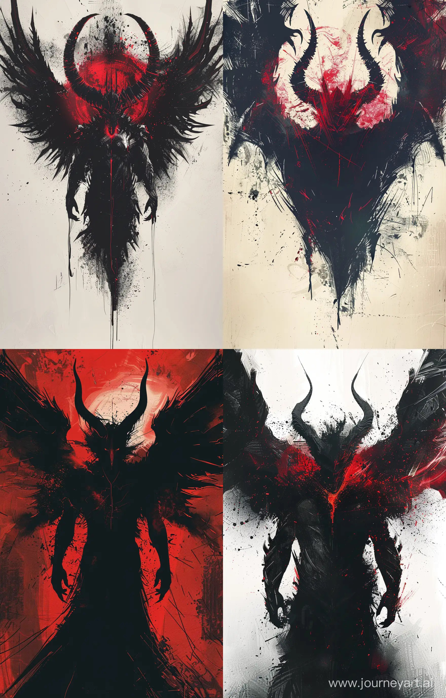 massive abstract demon shiluette, horns, wings, black / red contrast, omnious aura, sharp lines, 8k, ultrarealistic --ar 16:25 --v 6