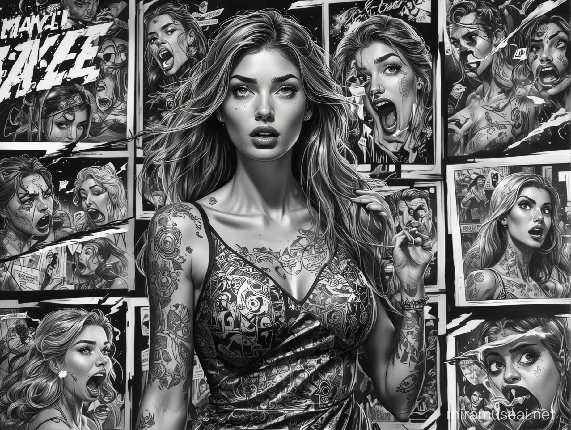 90's comic style, Black and White, Master pencil drawing, Storyboard sheet with many illustrations, Portraits of an astonished woman, Camila Morrone, Covered in colorful tattoos, Black tiny short dress, Running. Night time. No Background. Zoom out view. Marvel comic style. High resolution.  High contrast.