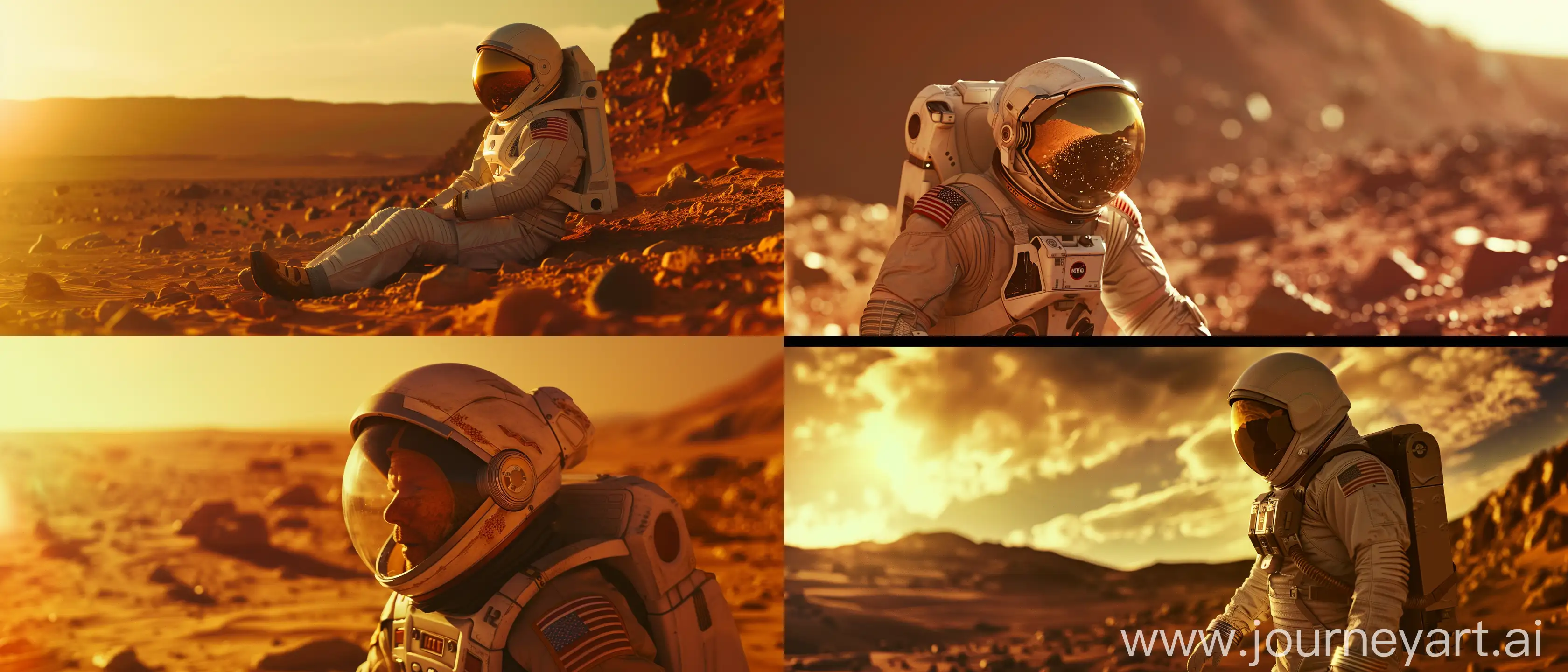 e A cinematic film still of an astronaut on Mars looking in wonder, extreme long shot, taken with a RED Epic Dragon camera and a
Cannon lens, 16mm, vivid color palette --ar 21:9 --style raw