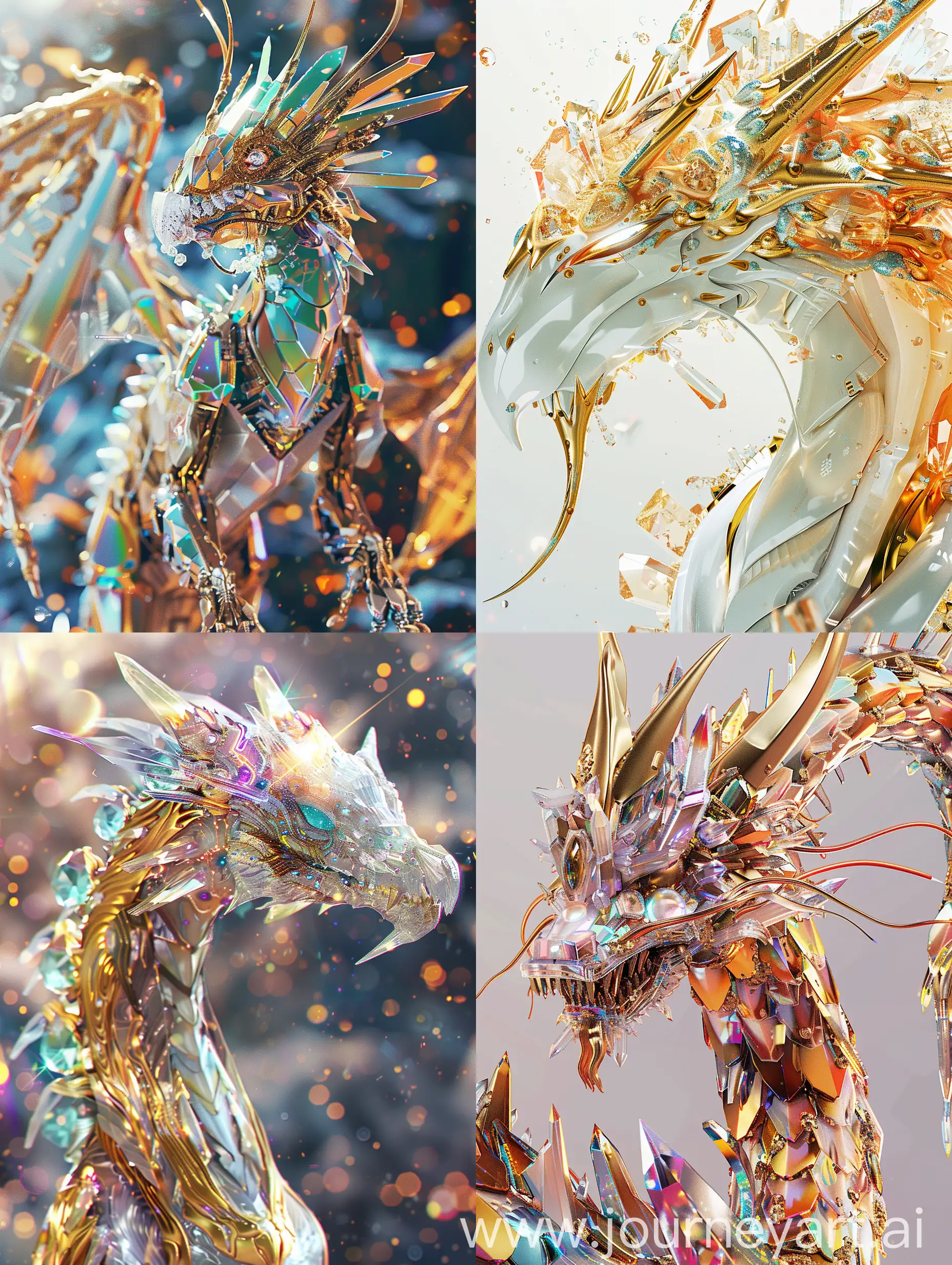 A beautiful prince who is a robot dragon from the future with a coating of extraterrestrial crystal and shiny gold, with a lot of detail and a beautiful end-time image with transparent colors.