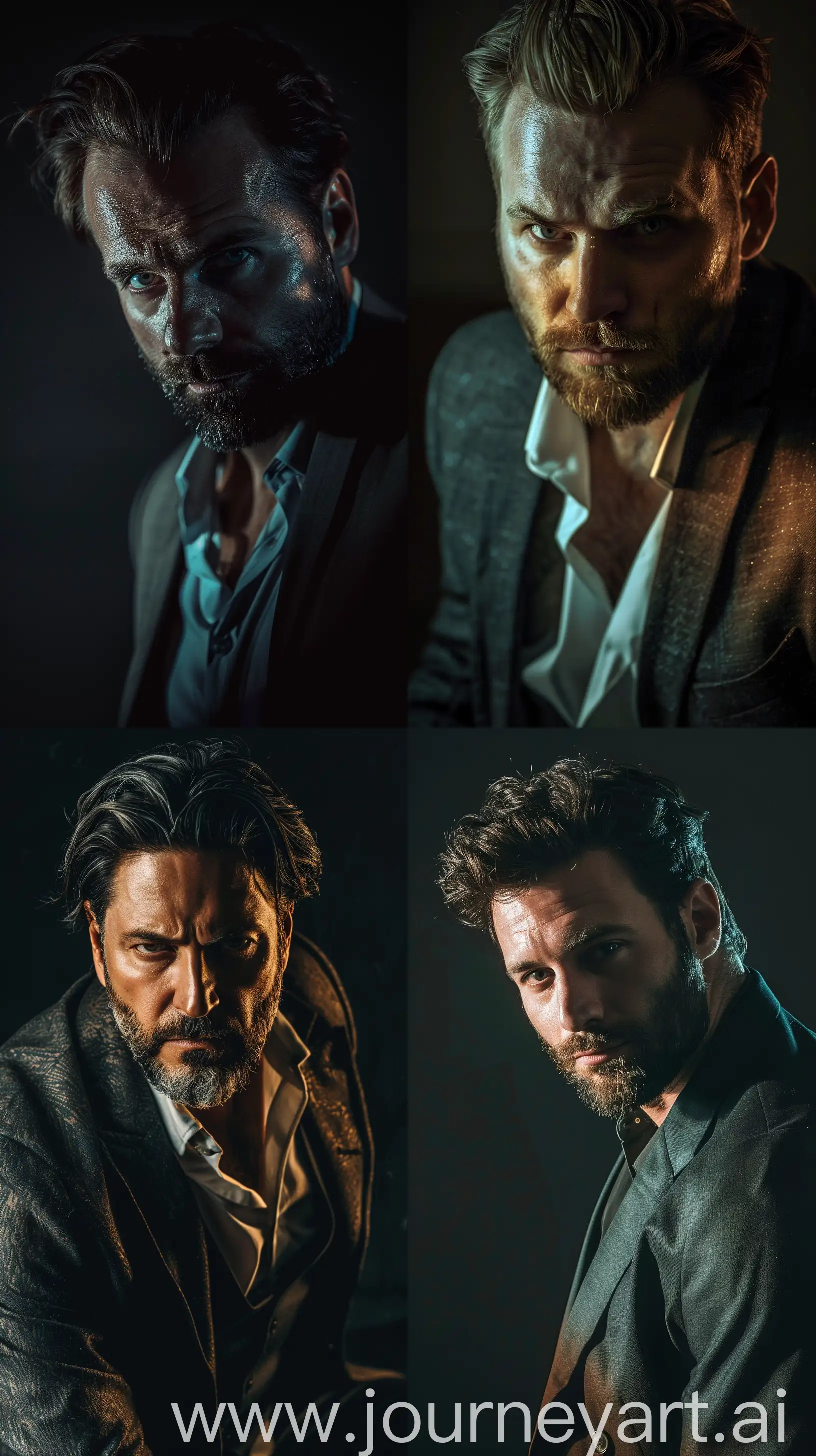 Movie Poster Photography: A American Man Wearing Formal Outfit, Medium Hair and Beard, Looking to the Camera, Realistic light Reflections, Mysterious Theme, Dark Background, Cinematic Pose, Medium Shot, High Precision, Midjourney V6 --ar 9:16
