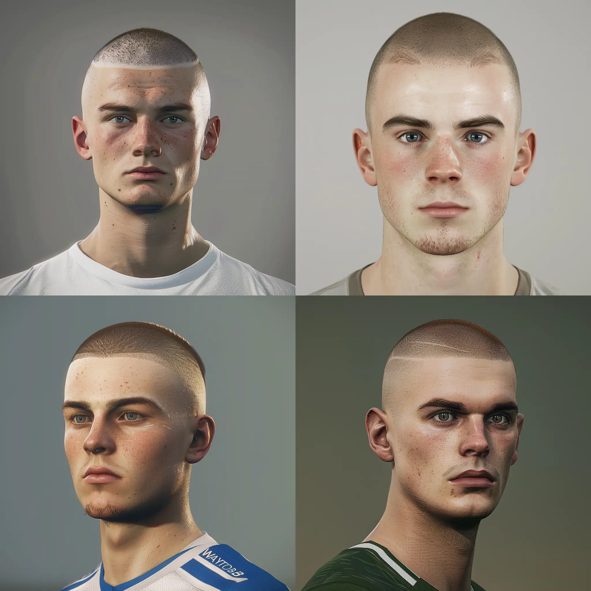 Ultra realistic profile picture of Duncan Robson, 18 year old ball winning midfielder from Scotland. Playing for Waltham Abbey Football Club. White ethnicity, Scottish looking with shaved haircut. In the style of profile picture from a facepack from Football Manager 23. 
