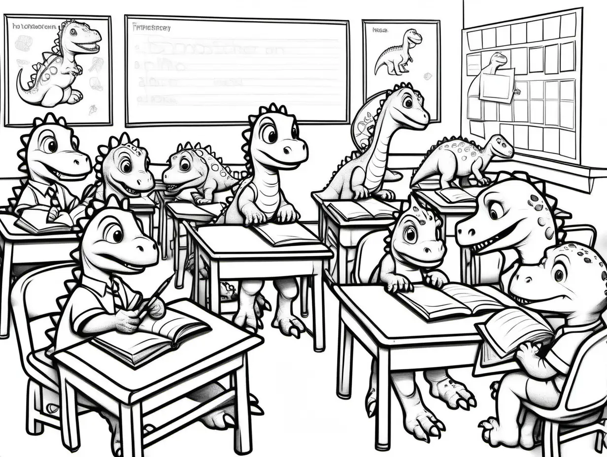 A cute and focus dinosaur, writing on a school book, sitting nicely on a char, table in a school classroom, several other similar dinos looking at the teacher, kids coloring page, no shading, no color