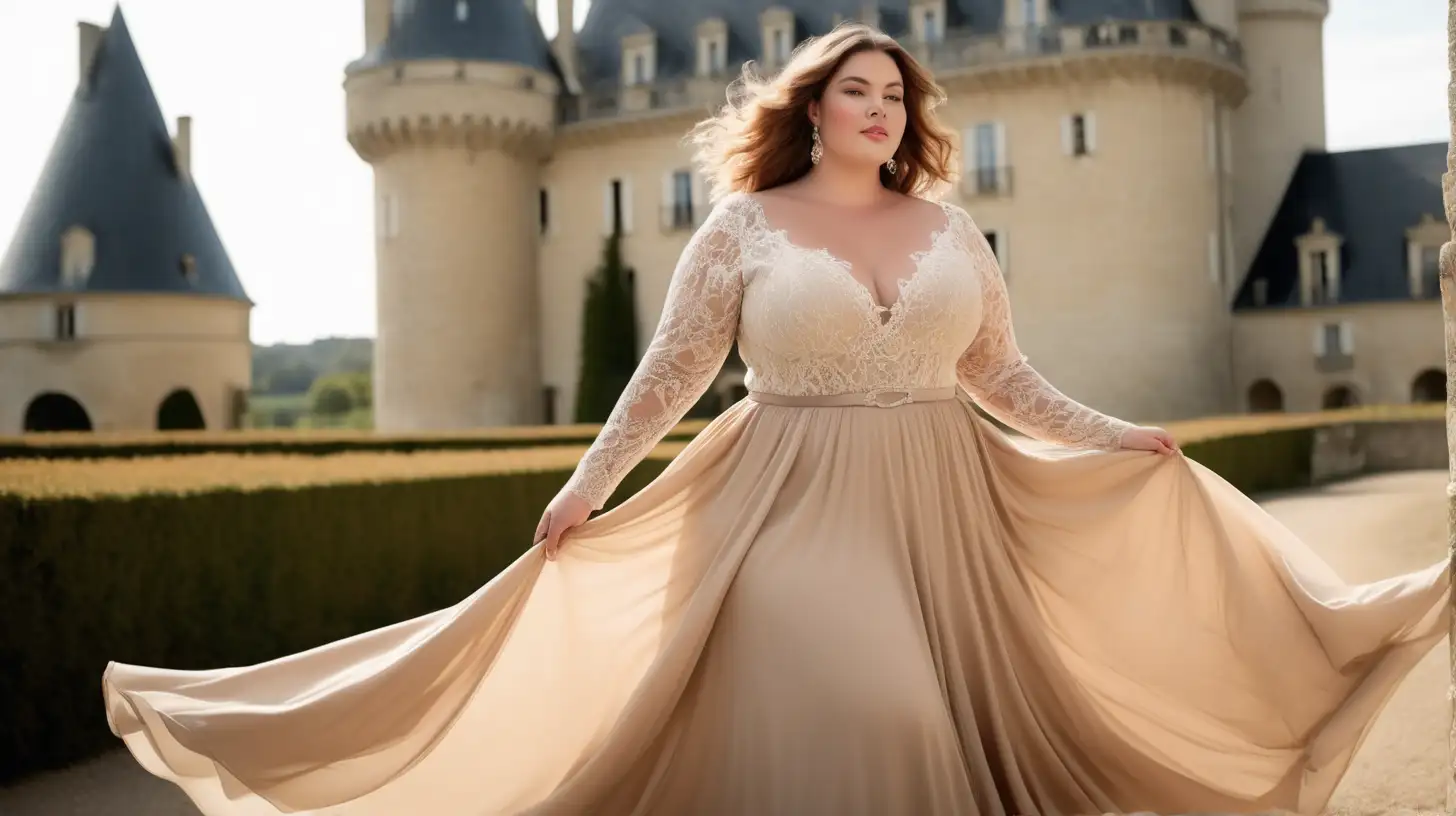 beautiful, sensual, classy elegant plus size model wearing a long lace latte color gown with a very flared skirt, latte color long flared skirt, fitted latte bodice, square neck, long fitted sleeves, empire defined waistline with a waistband tonal to the dress, slight romantic smile, hair is flowing in the wind, luxury photoshoot inside a castle in France, flowers in the background