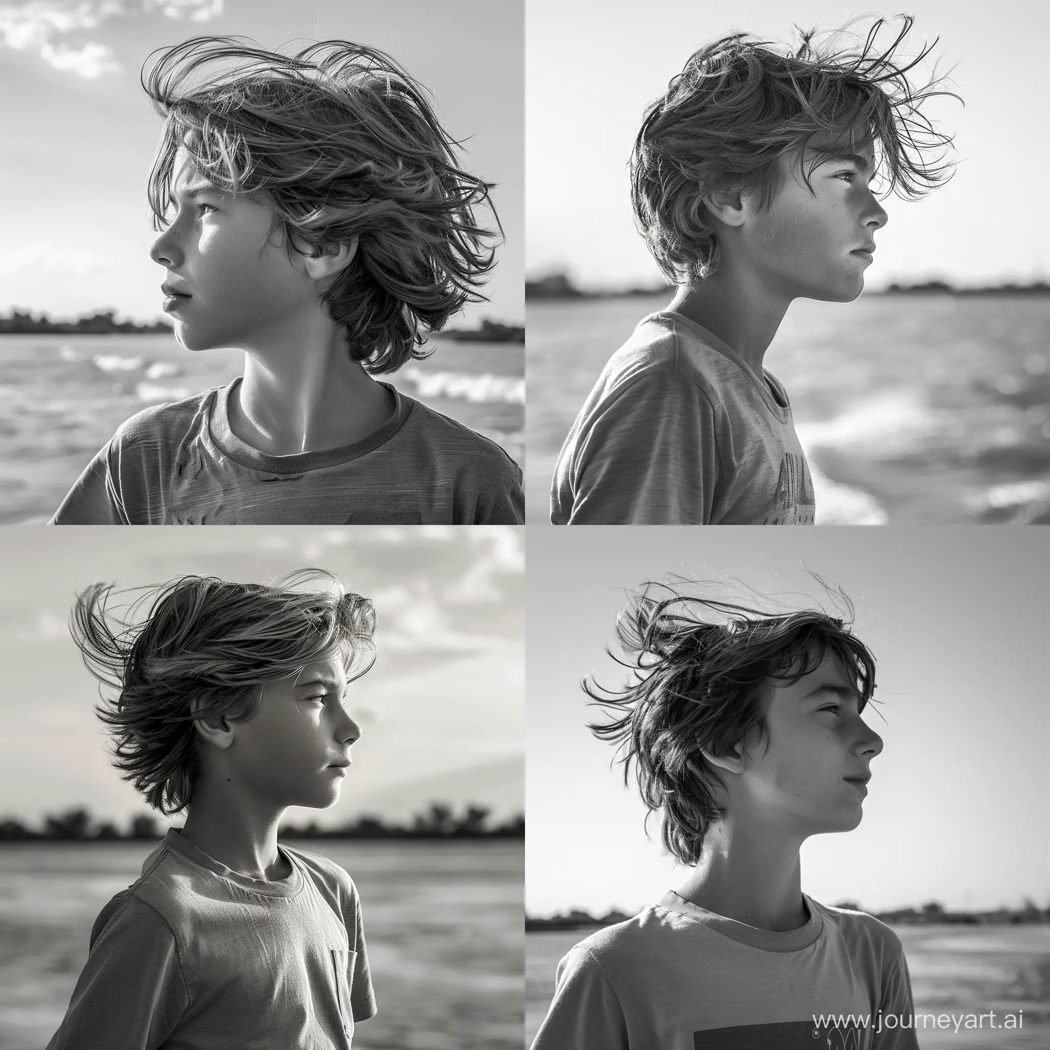 фото,мальчик 12 лет, профиль,по грудь, анфас, в майке,смотрит в даль,на фоне реки, волосы развивает ветер,яркий день