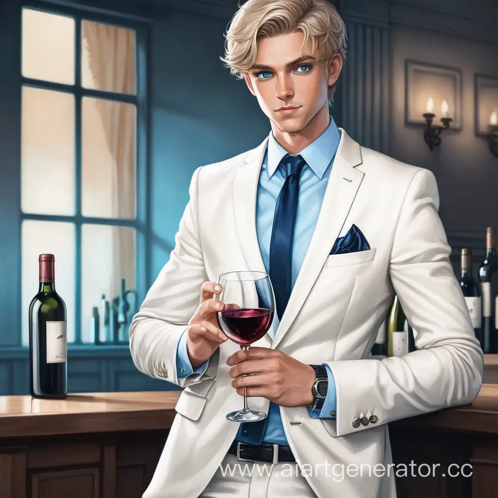 молодой парень, наводящий страх, ловелас, белый деловой костюм, с бокалом вина в руке, смотрит в камеру, синие глаза