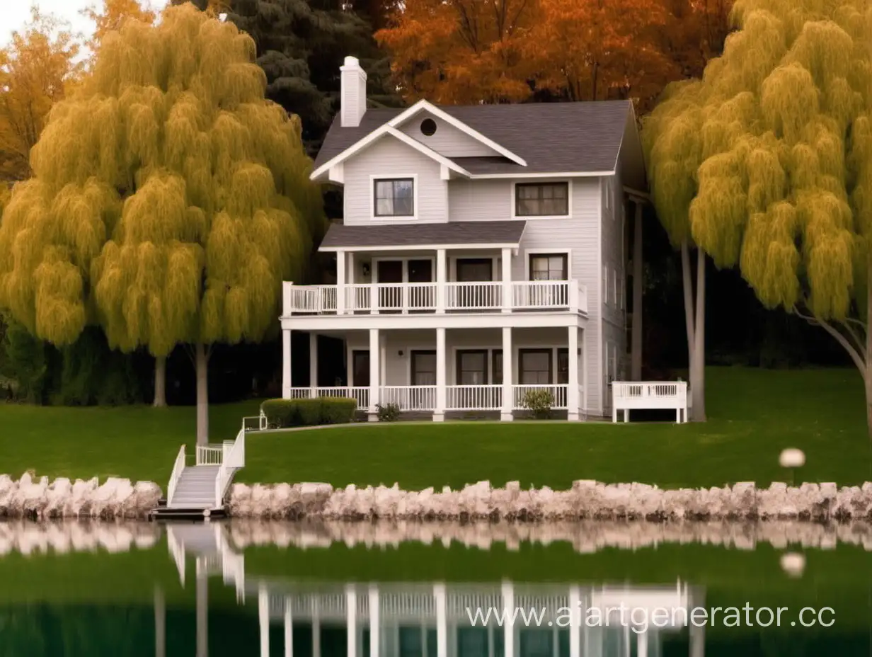 Милый двухэтажный домик рядом с деревом, у озера