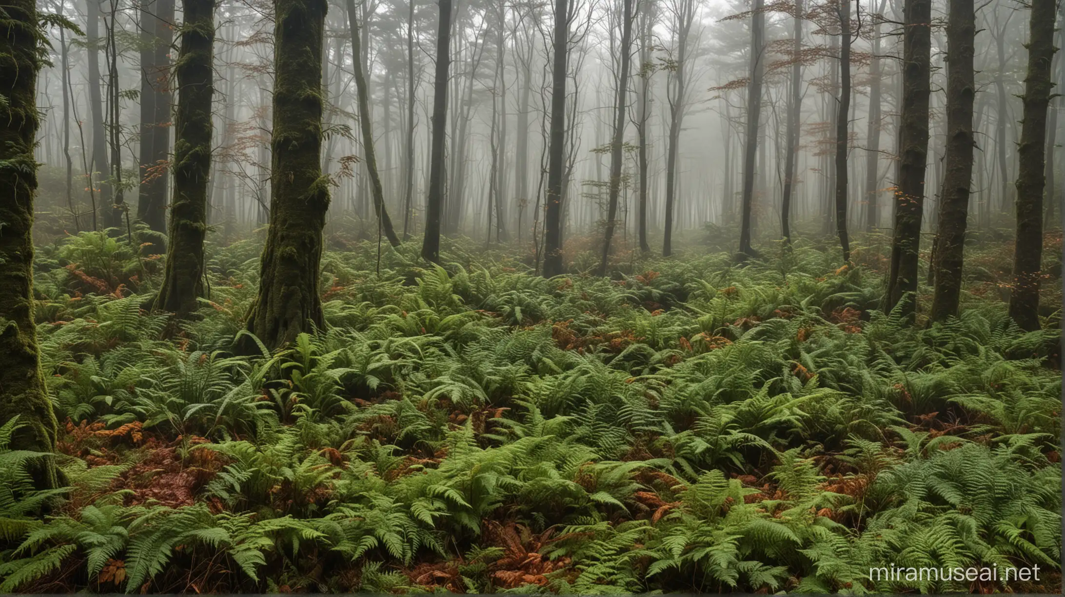 Misty Coniferous Forest with Ferns and Mossy Ground