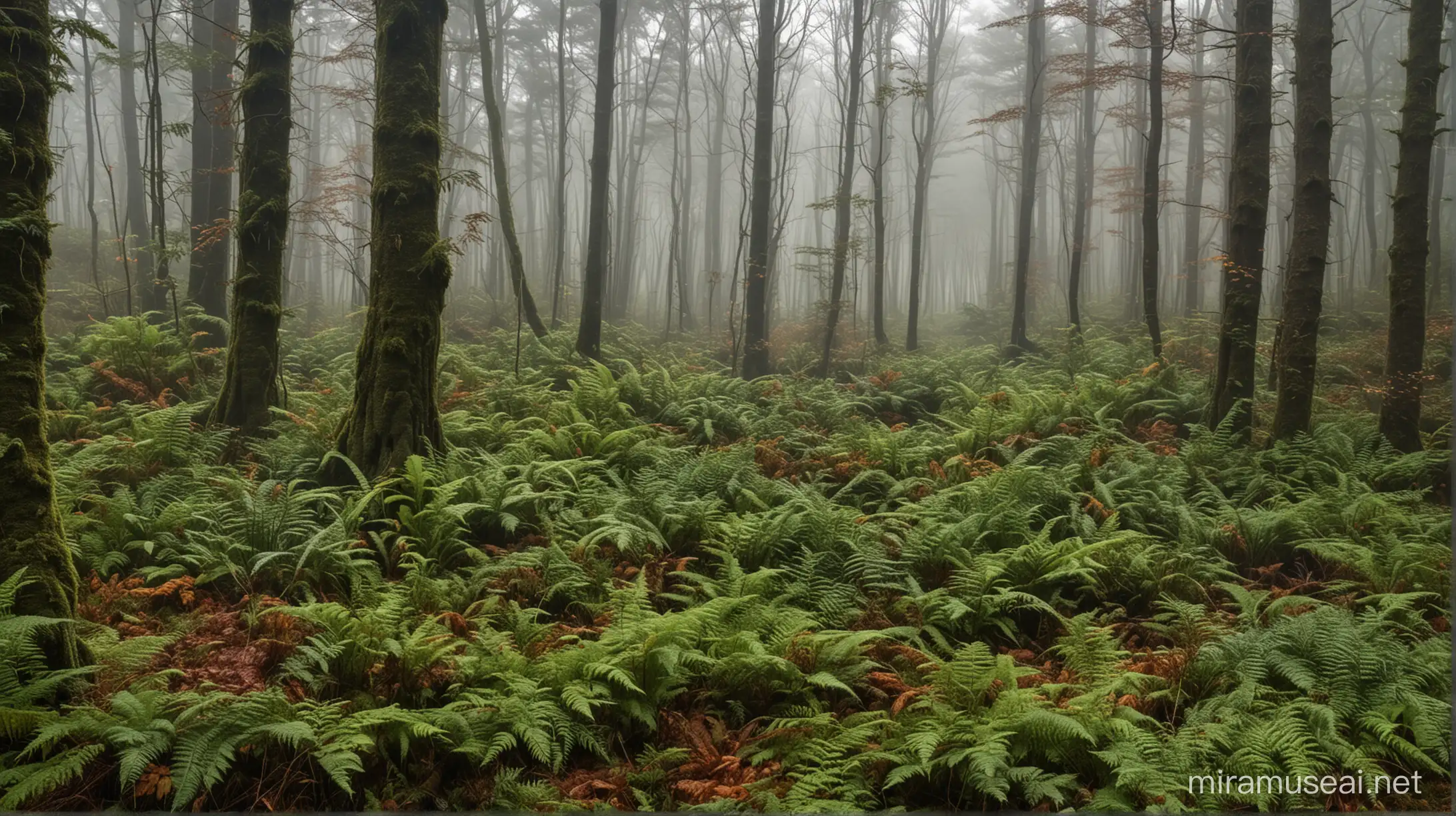 Trees Predominantly coniferous, with some deciduous trees in the background. Tree height varies, with some taller emerging trees. Dark green color, with some yellowish/orange tops (probably autumn). Thick and branched trunks, dense crowns. Ferns predominately, with some other species in the understory. Variable size, from small ferns to large tree ferns. Dark green color, with some reddish fronds. Leafy leaves, delicate texture. Ground covered by a layer of moss and dry leaves. Stones and fallen logs present in some parts of the image. Diffuse sunlight, penetrating between the treetops. Humid climate, with the presence of fog or light rain.