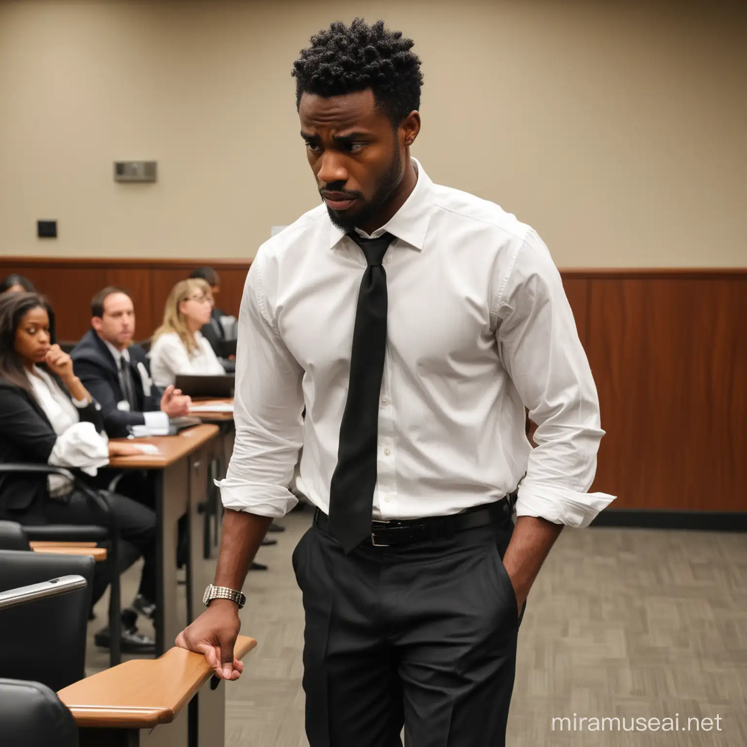 Angry Black Man in Jury Room with Disheveled Attire