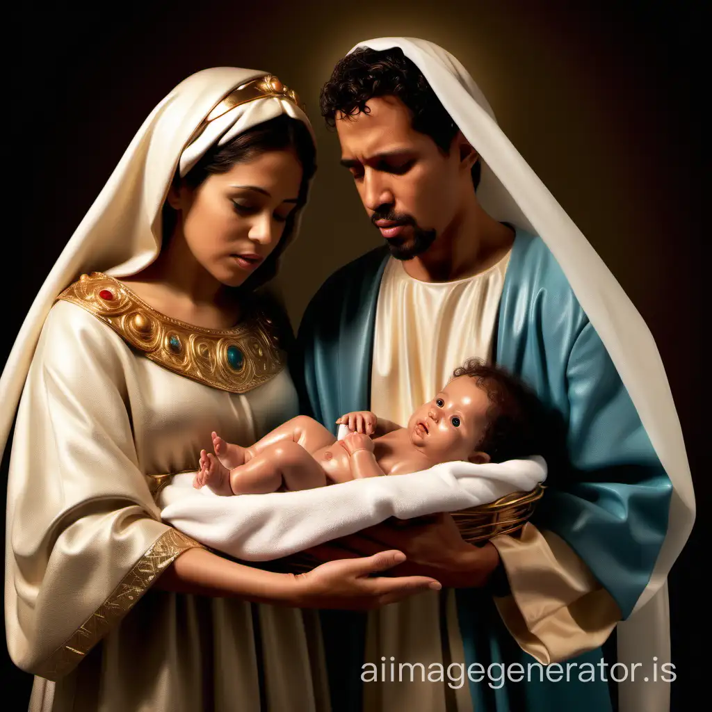 Hispanic baby jesus being held by Mary and Joseph
