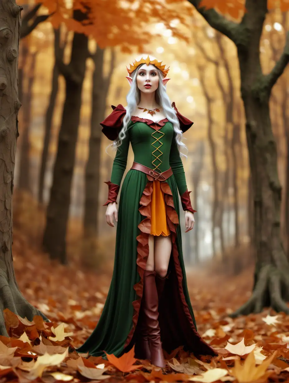 Elf princess standing in forest, fall colors and leaves falling.