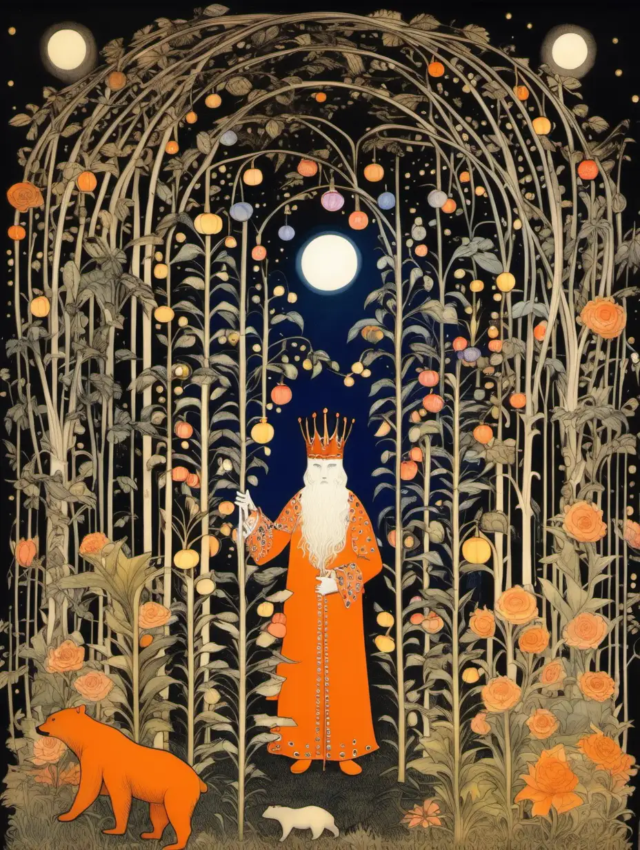 In the style of kay nielsen, a night time view of a colorful fair with the king of the festival standing by a bear in a orange costume, flowers, vines, leaves