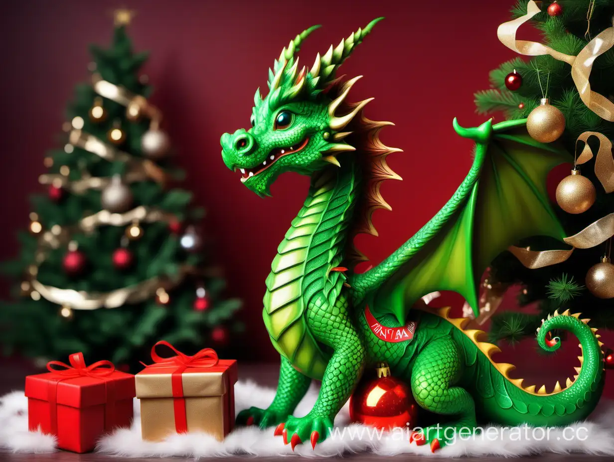 новогодний фэнтэзи зеленый дракон возле наряженной елкой с Надписью : С НОВЫМ 2024 ГОДОМ!
на русском

