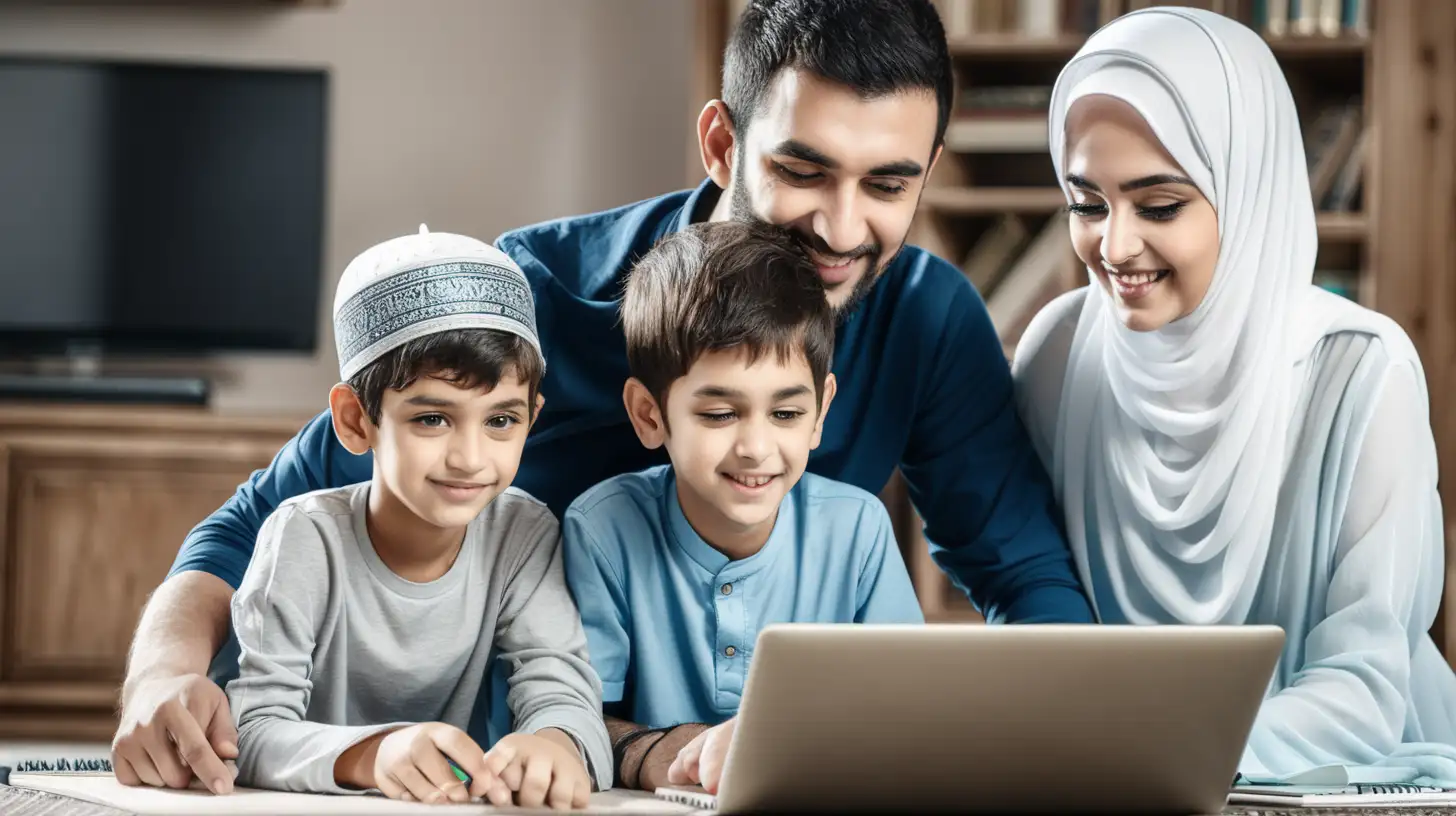 Online quran  classes
mother and father with son and daughter using laptop for class