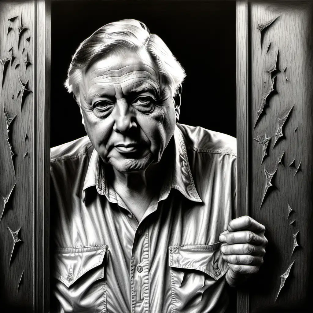 This is a high detailed charcoal drawing of David Attenborough. The background should be highly detailed and contain damaged saloon doors with ninja stars and bullet holes in on the doors