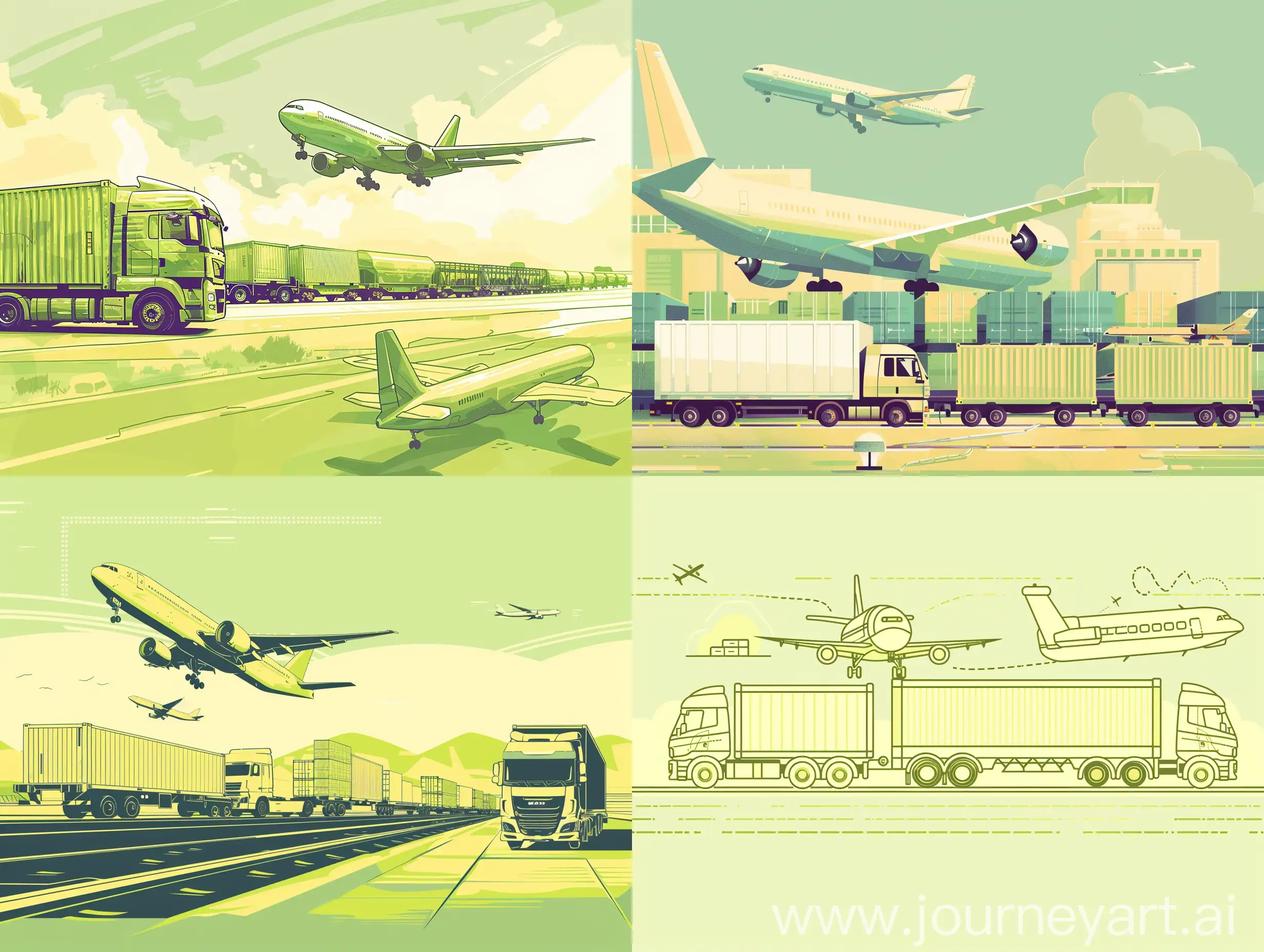 vector illustration, intermodal logistics shipment, truck and train and plane, clear and clean, minimalism, light yellow and green color