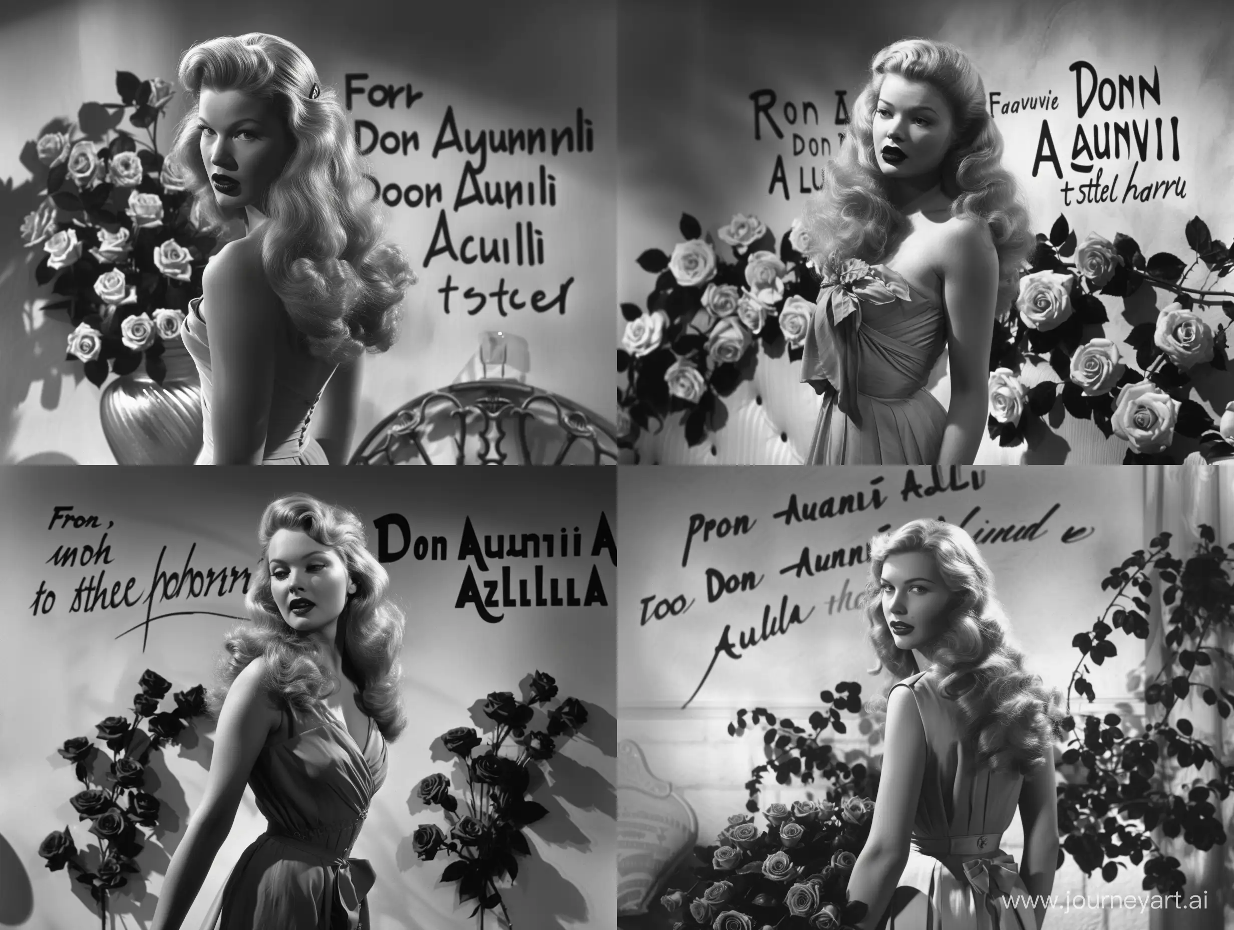 Noir shot of a glamorous 1940s pretty long-haired blonde actress in a 1940s hotel room filed with roses, on the wall a large writing that says "From Don Avanti Aquila, to a woman who stole his heart"