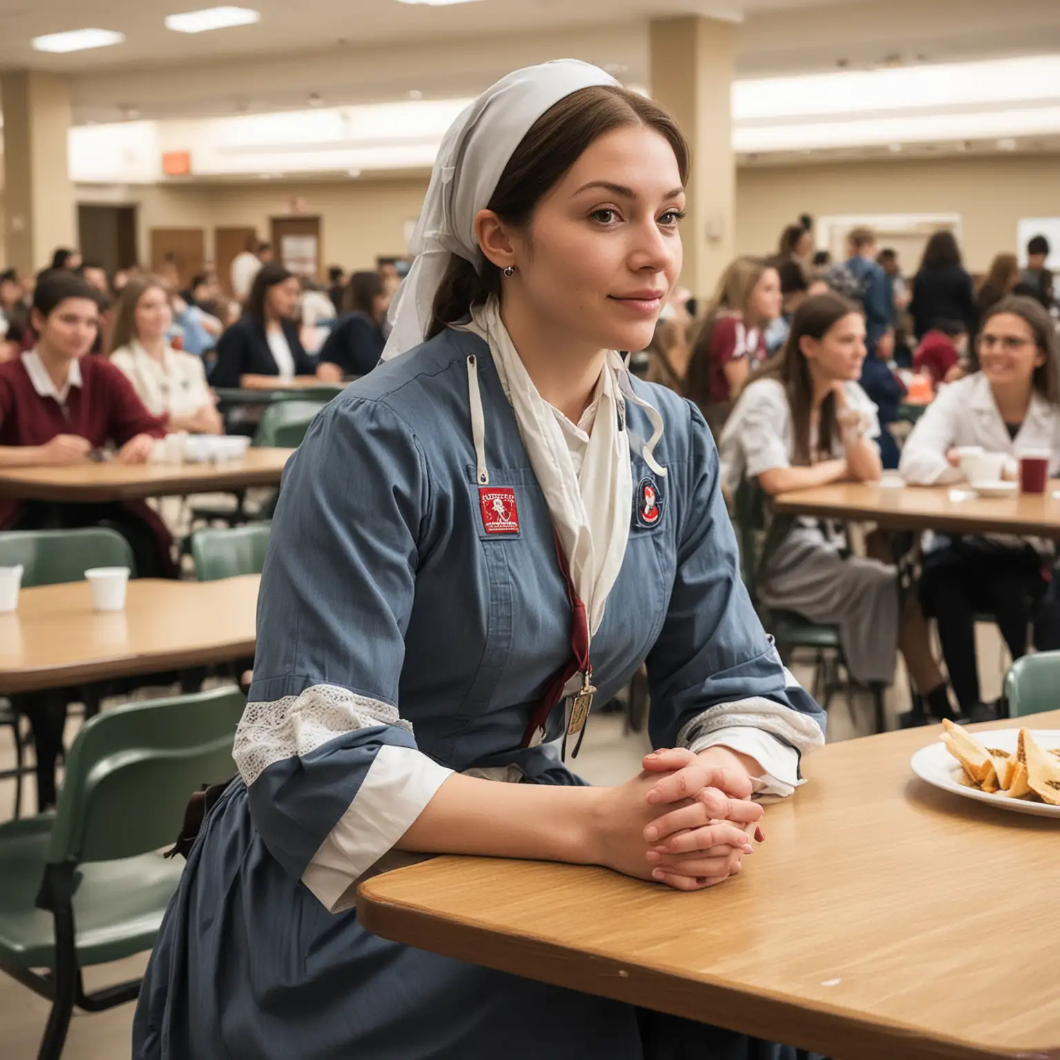 Visualize Florence Nightingale sitting in a university campus cafeteria, surrounded by university students. Nightingale, dressed in her iconic attire, exudes warmth and compassion as she engages in conversation with the students. The cafeteria is bustling with activity, with students enjoying their meals and engaging in lively discussions.  As Nightingale converses with the students, she listens attentively to their stories and shares her insights and experiences in the field of nursing and healthcare. Her presence in the cafeteria brings a sense of inspiration and admiration among the students, who are eager to learn from her.  The atmosphere in the cafeteria is one of intellectual curiosity and camaraderie, as students from various backgrounds come together to exchange ideas and perspectives. Nightingale's wisdom and dedication to the nursing profession serve as a source of motivation for the students, encouraging them to pursue their own passions and make a positive impact on the world.