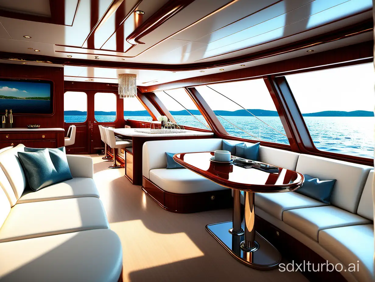 interrior of a luxury yacht, perfect lighting, big beautiful salon, big windows,  with an IPad on the table, natural light, photorealistic, masterpiece