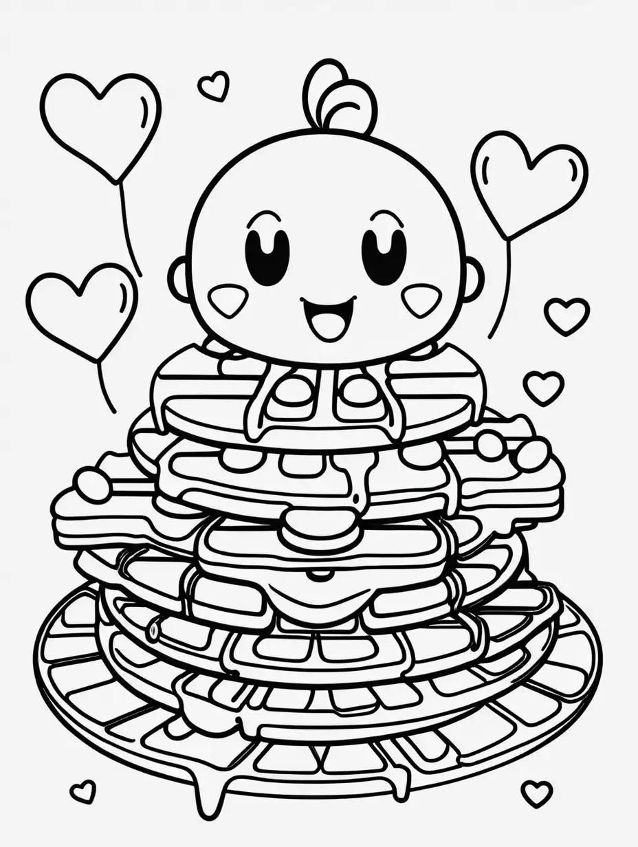coloring book, cartoon drawing, clean black and white, single line, white background, cute large waffles, emojis