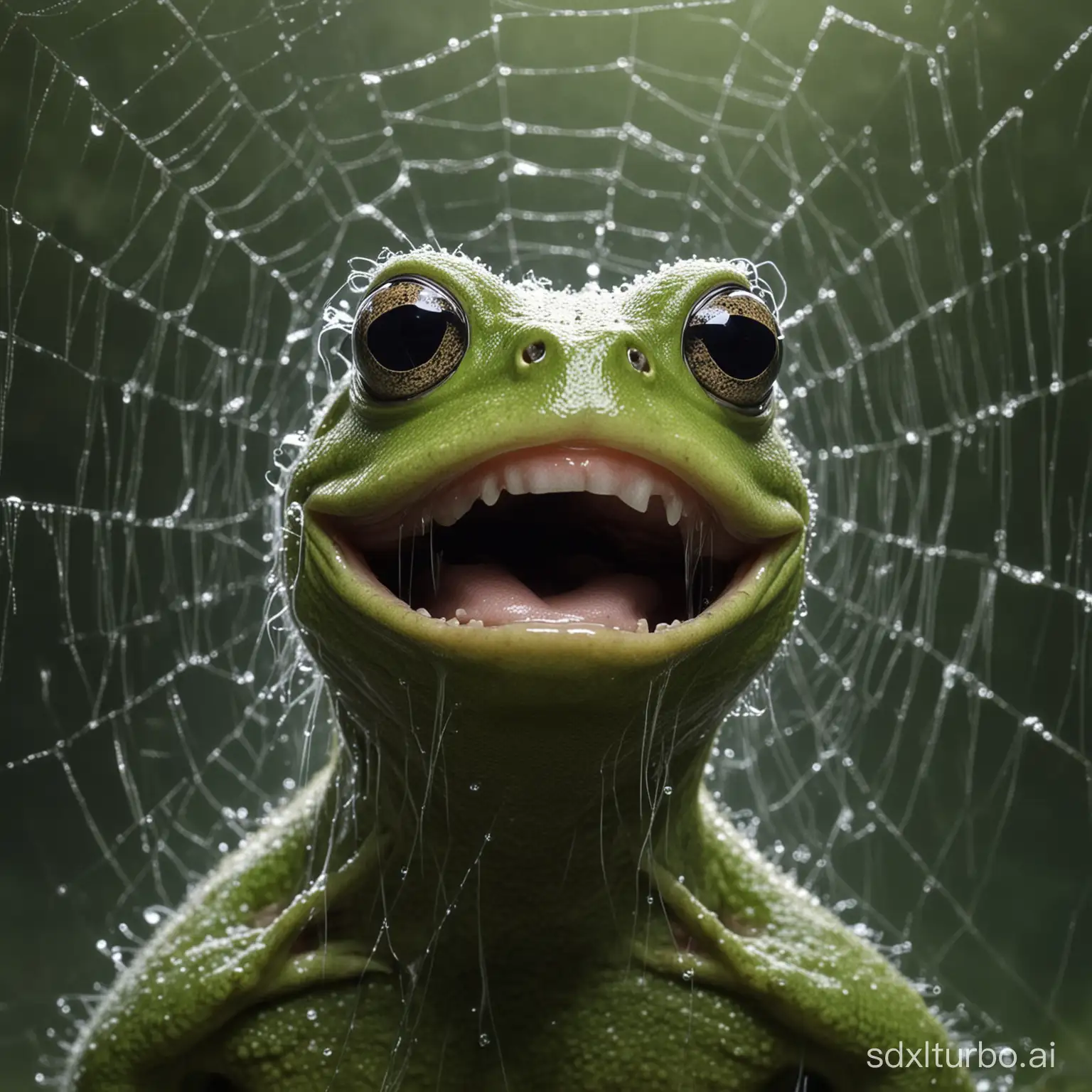 A frog with a human head weeps in the spider's web.