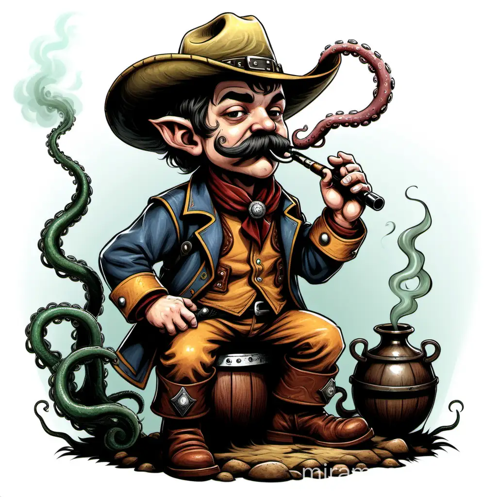 A halfling with a handlebar mustache wearing a cowboy hat smoking a pipe carrying a rod with tentacles