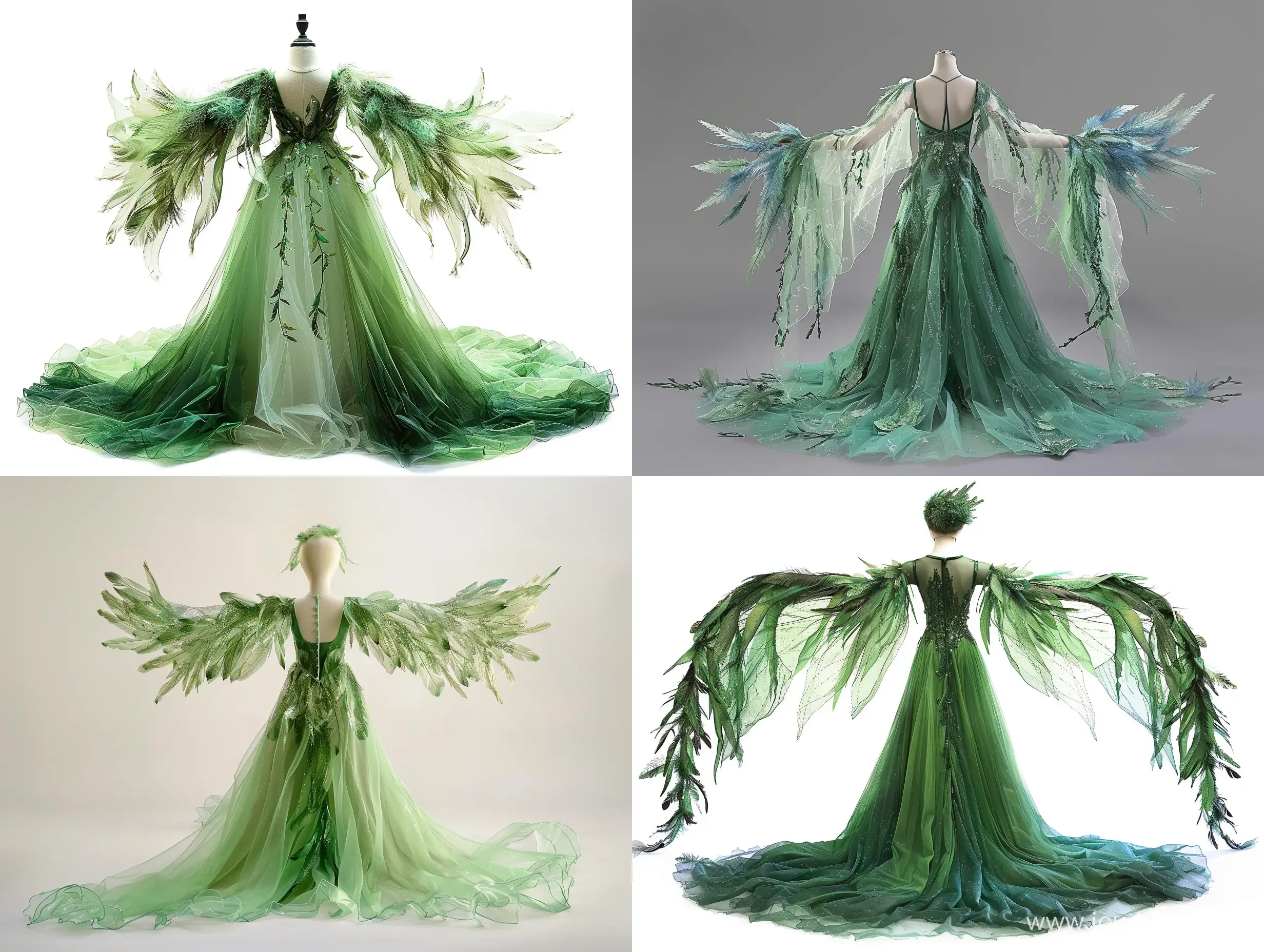 a dress for a little figure skater in green tones, a long train of transparent fabric at the back, the sleeves of the dress are made of feathers like wings