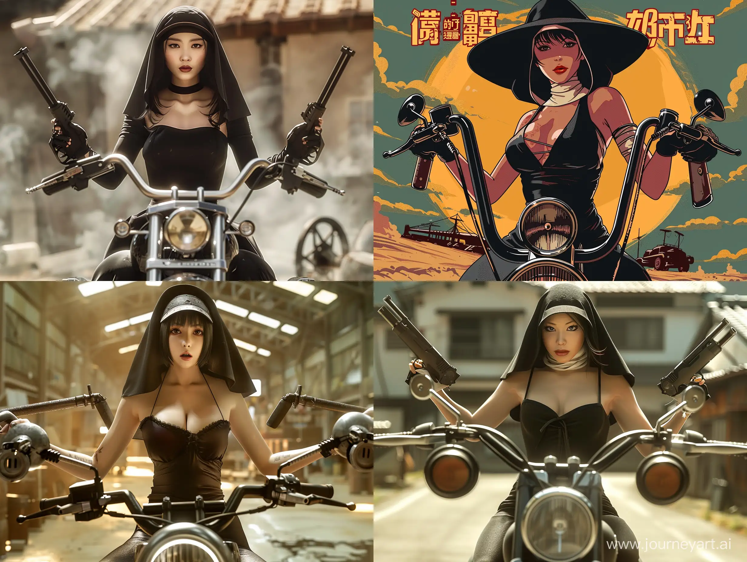 Dieselpunk-Japanese-Anime-Poster-Beautiful-Nun-on-Heavy-Motorcycle-with-Shotguns