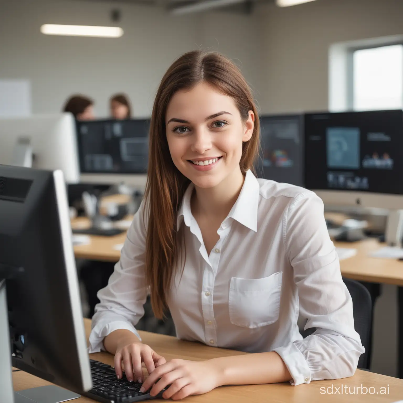 Generate a picture of a young woman with autism, dressed as a graphic designer and working on a computer in an office. She is smiling and focusing on a project, and in the background you can see other office workers, computers, and desks. The picture should have a dynamic character, and the atmosphere should resemble a professional photo session. The woman should not have an idealized, perfect look.