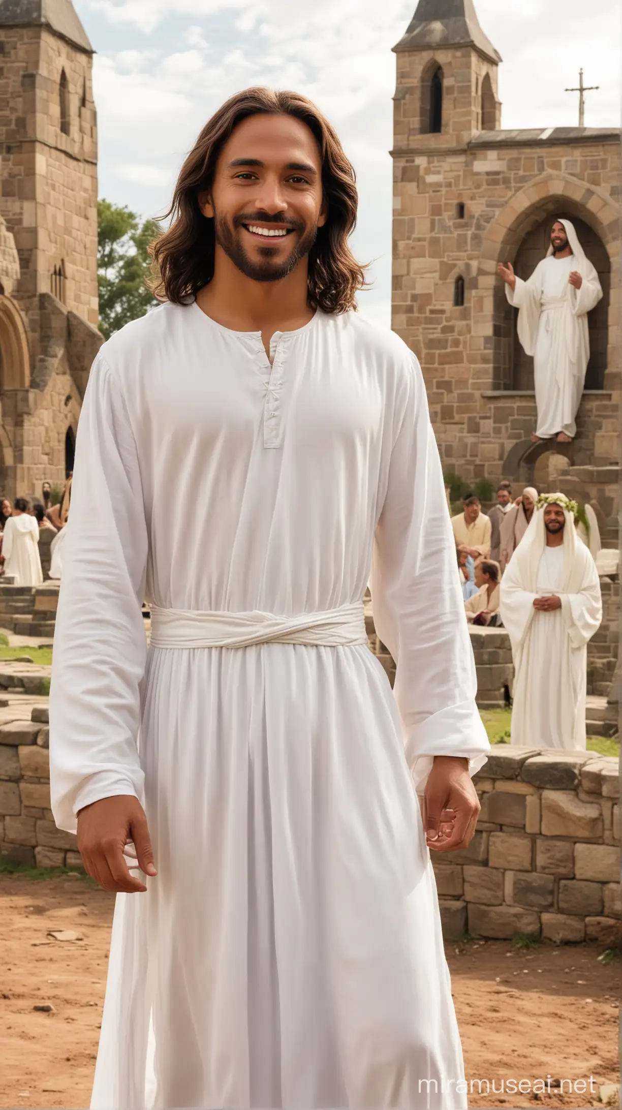 Jesus in white dress, slightly smiling, brown skin, churches in the background 