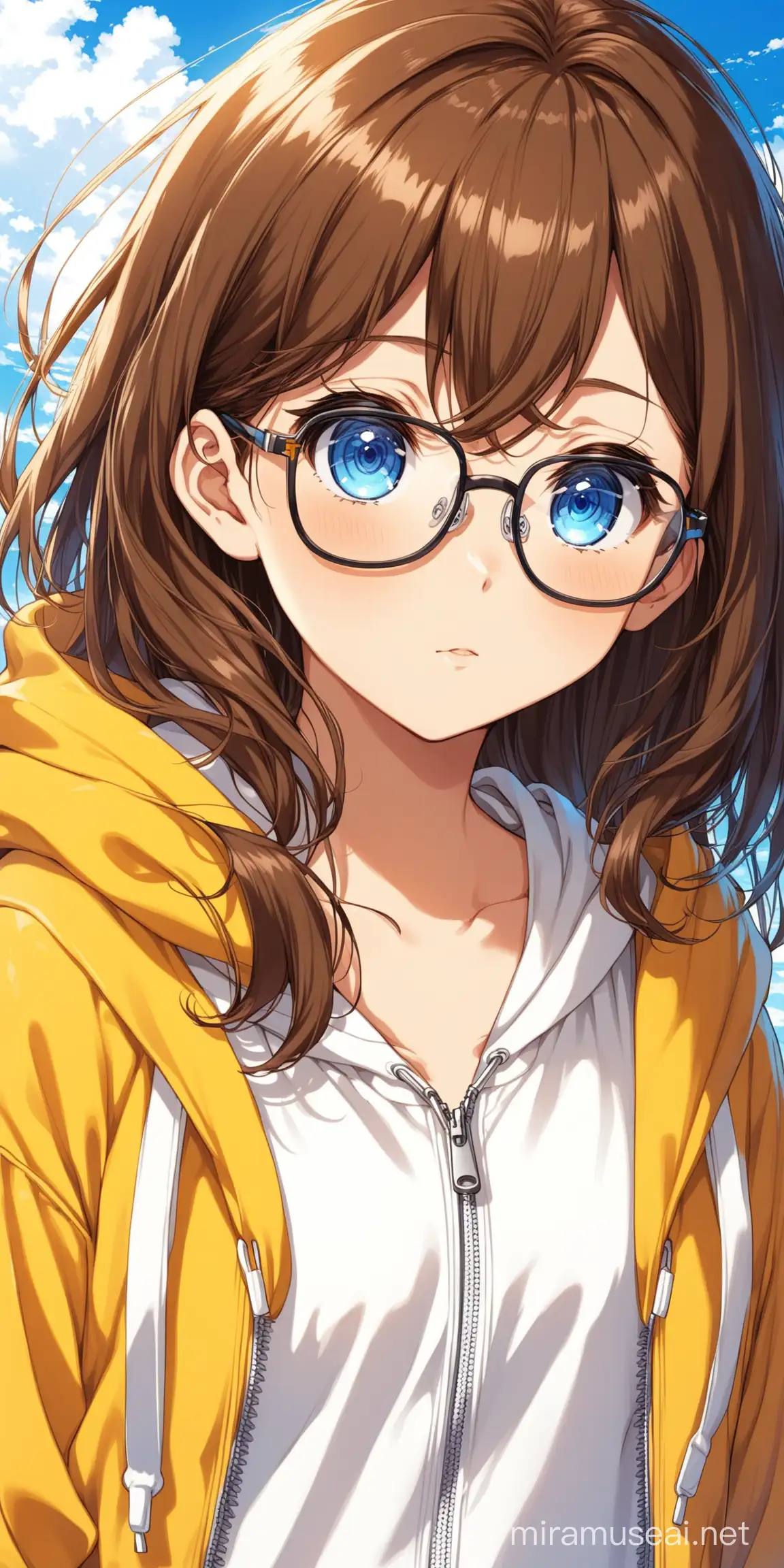 13 year old anime girl with glasses and messy brown hair and blue eyes wearing a yellow zip up hoodie and a white sundress.