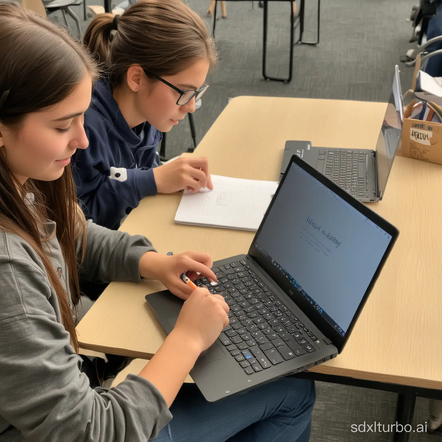 Studenten schreiben mit einem Laptop.