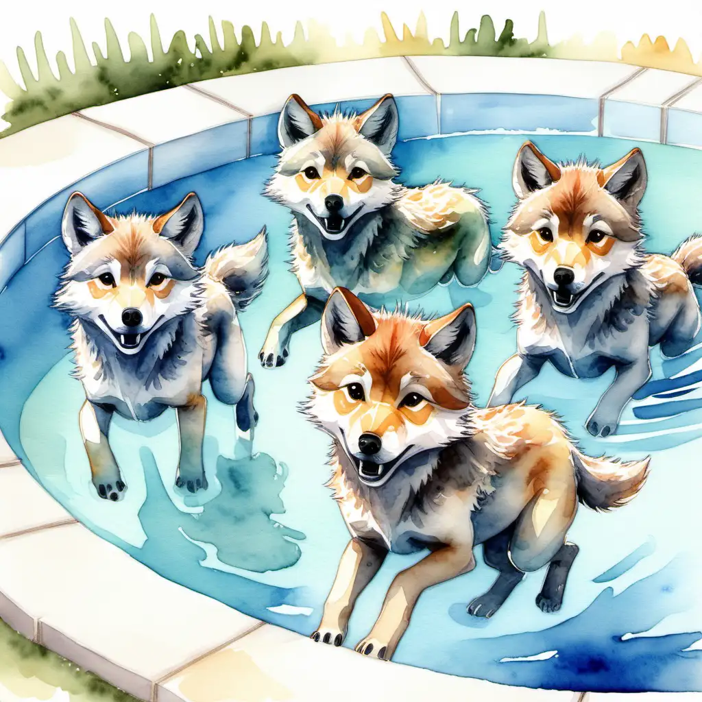 A pack of little wolves sw8m in a swimmingpool.Watercolor style. Make it appealing to a three year old