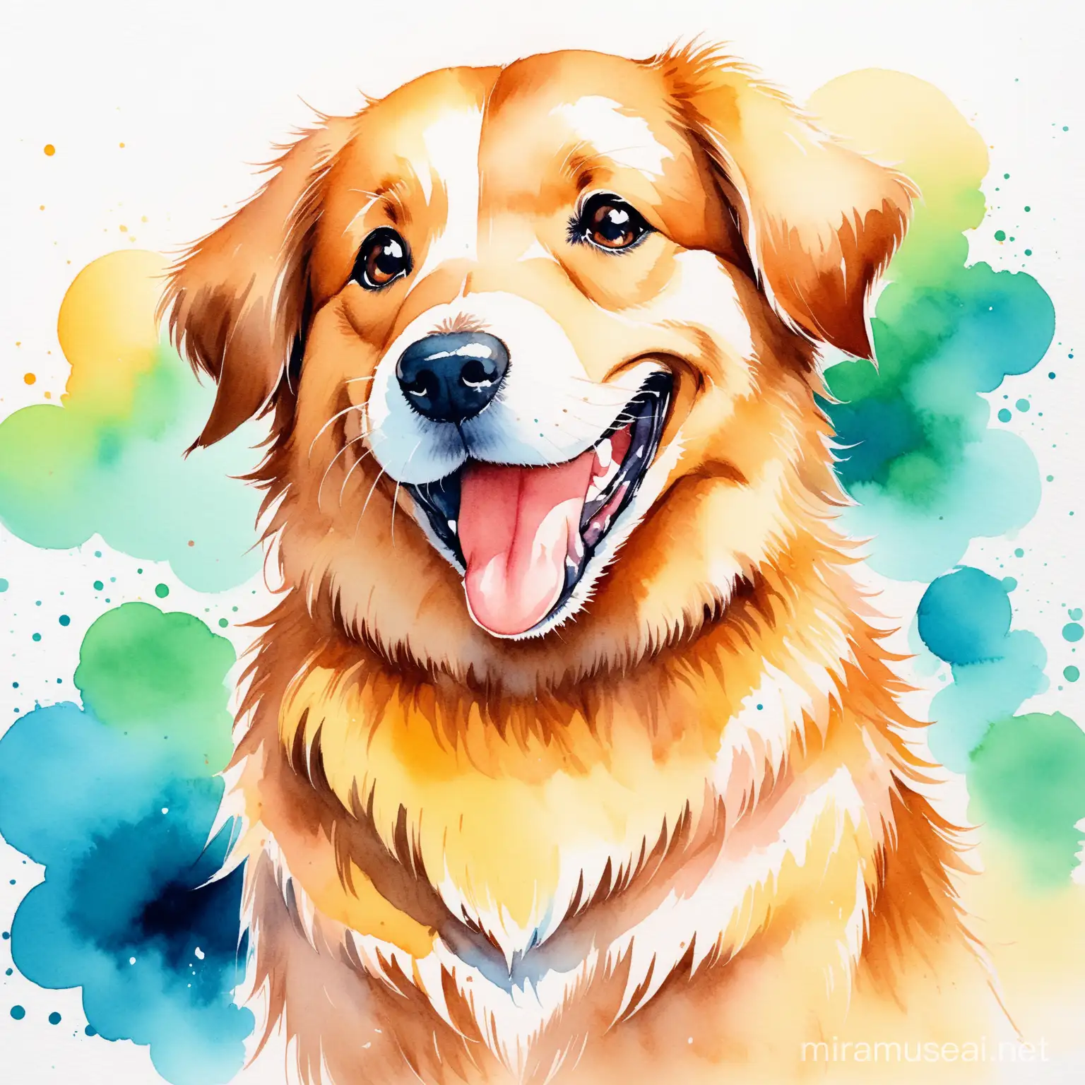 Watercolor painting, bold  ink illustration of a happy Dog, simple, Watercolor Art Style, INK Illustration Art Style, 8K