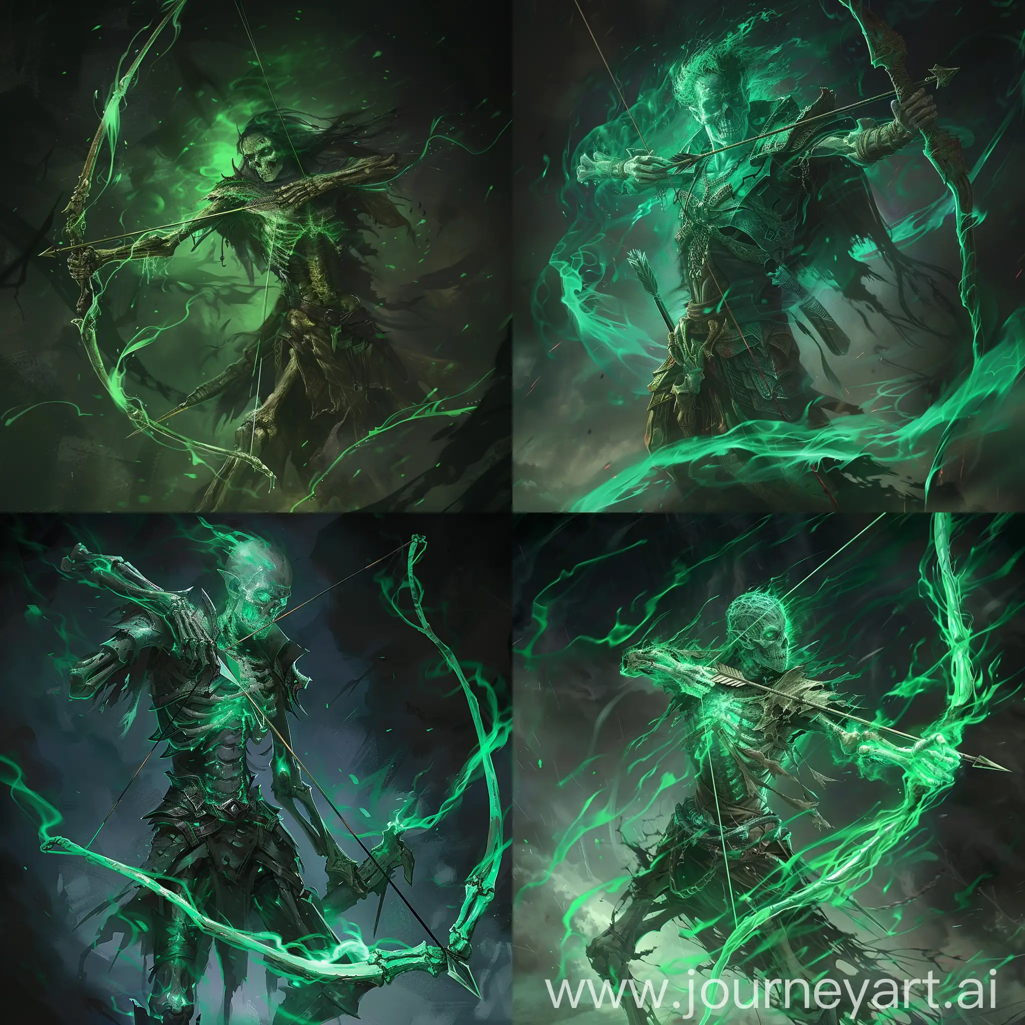 dnd dark fantasy theme,green spectral undead human carrying a bow he looks like undead with green energy around him.He is wearing a armor that is made of bones.Background is dark midnight.Staring holding his bow.
