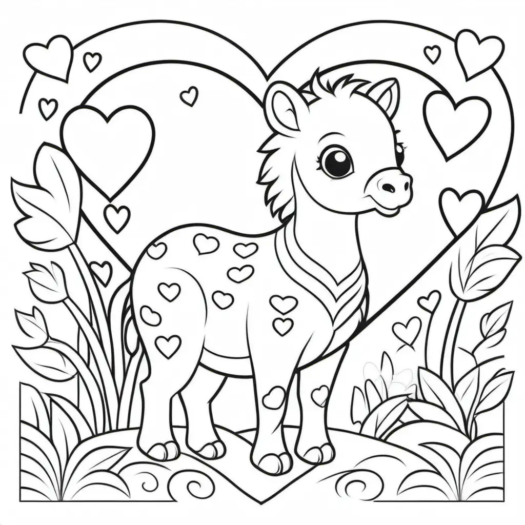 Coloring book for kids, animals with hearts, cartoon style, thick lines, low detail, no shading,  - - ar, 9:11