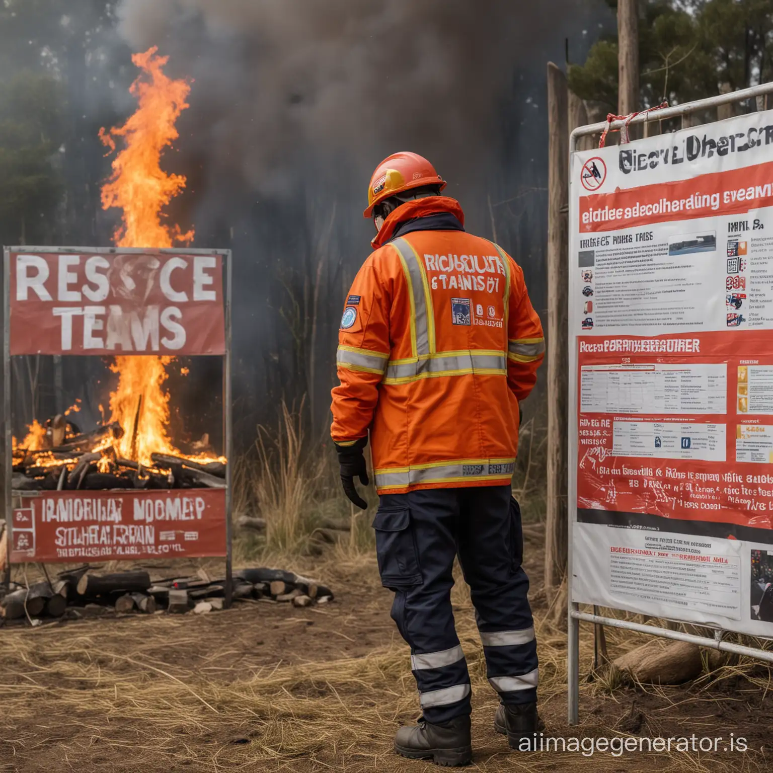 A background with fires and a standing person wearing rescue team clothing, next to an information sign