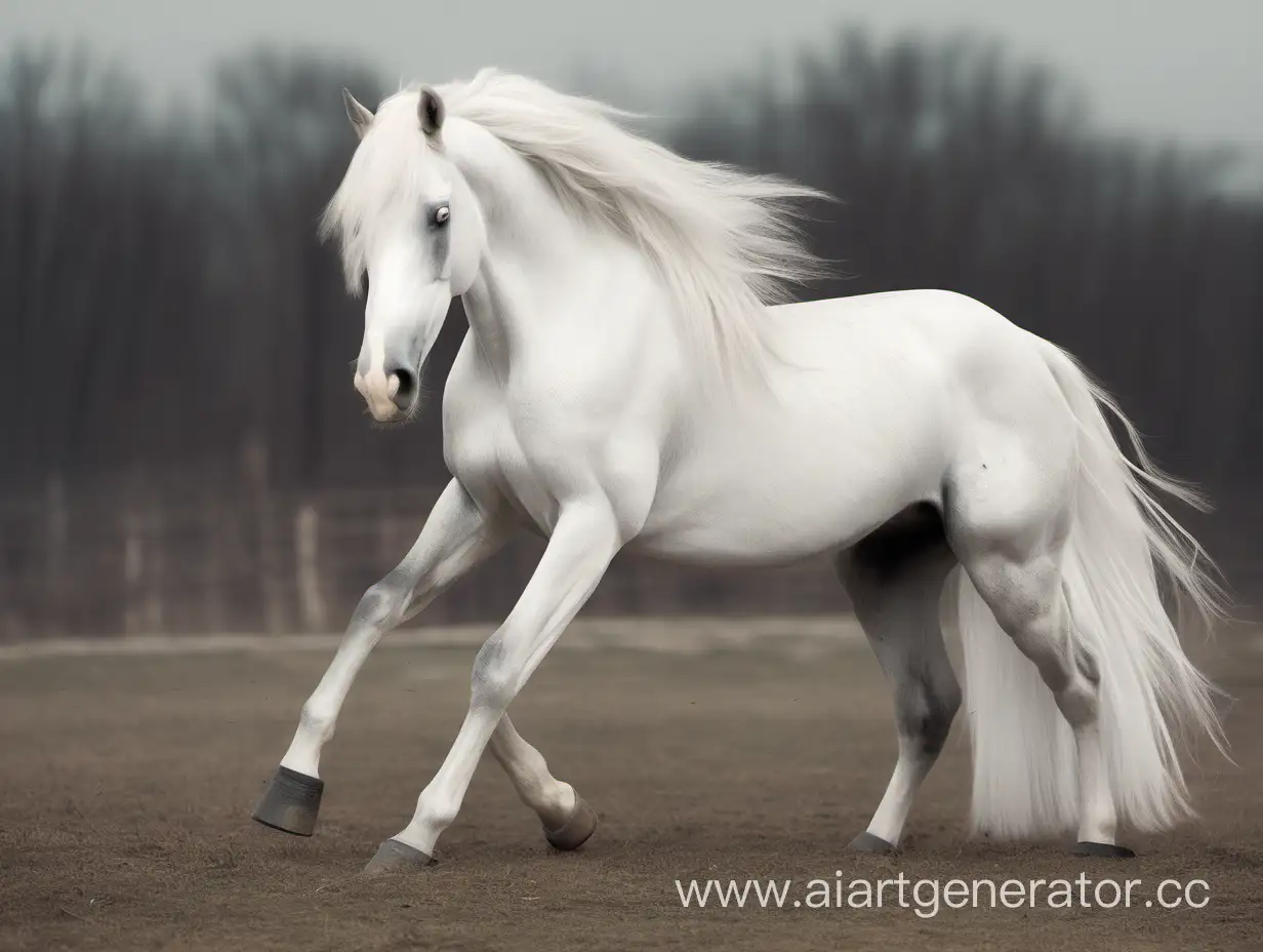 White horse with a long mane and thick legs