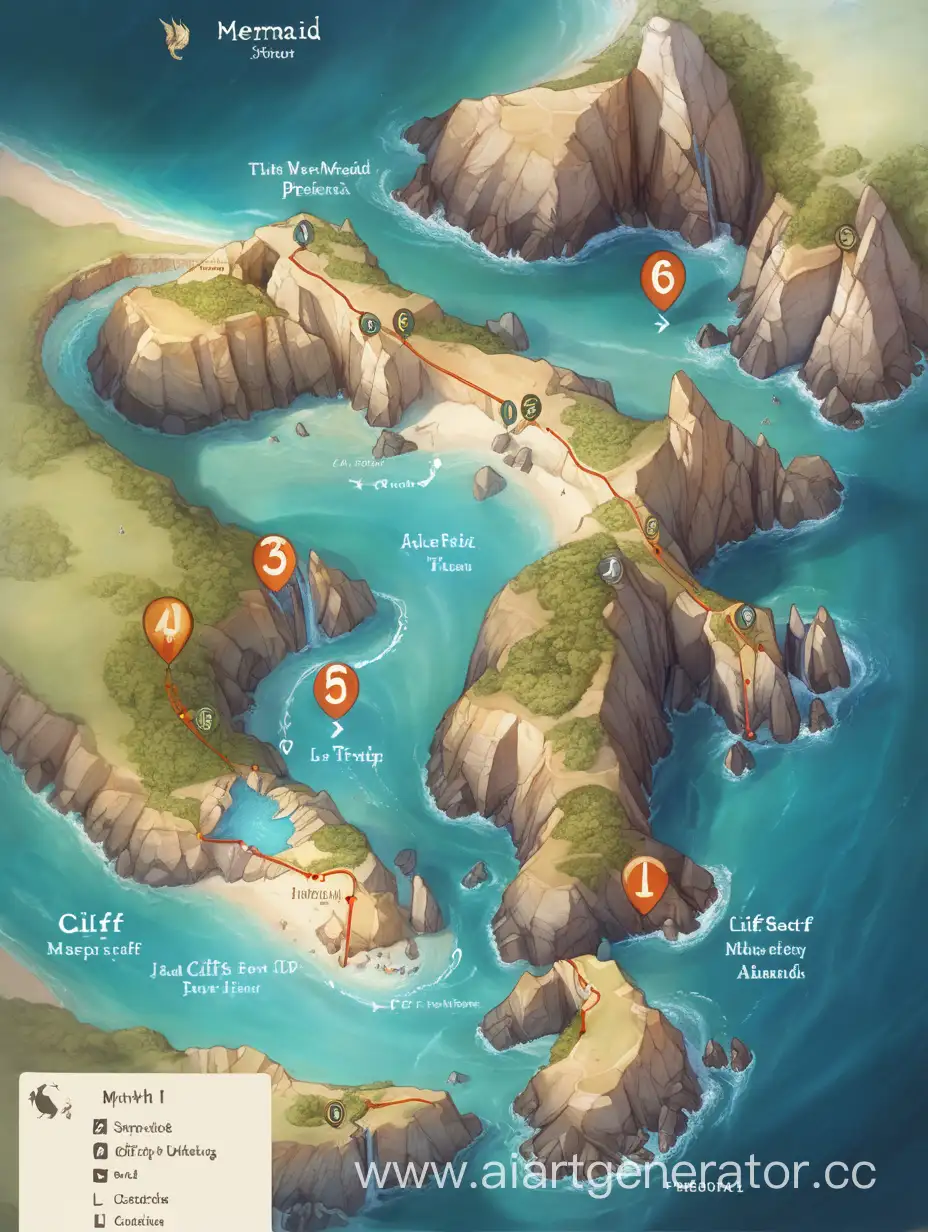 Карта с маршрутом : 1.бухта русалок , 2.скалы , 3.утес с фениксом , 4.шторм , 5.остров
