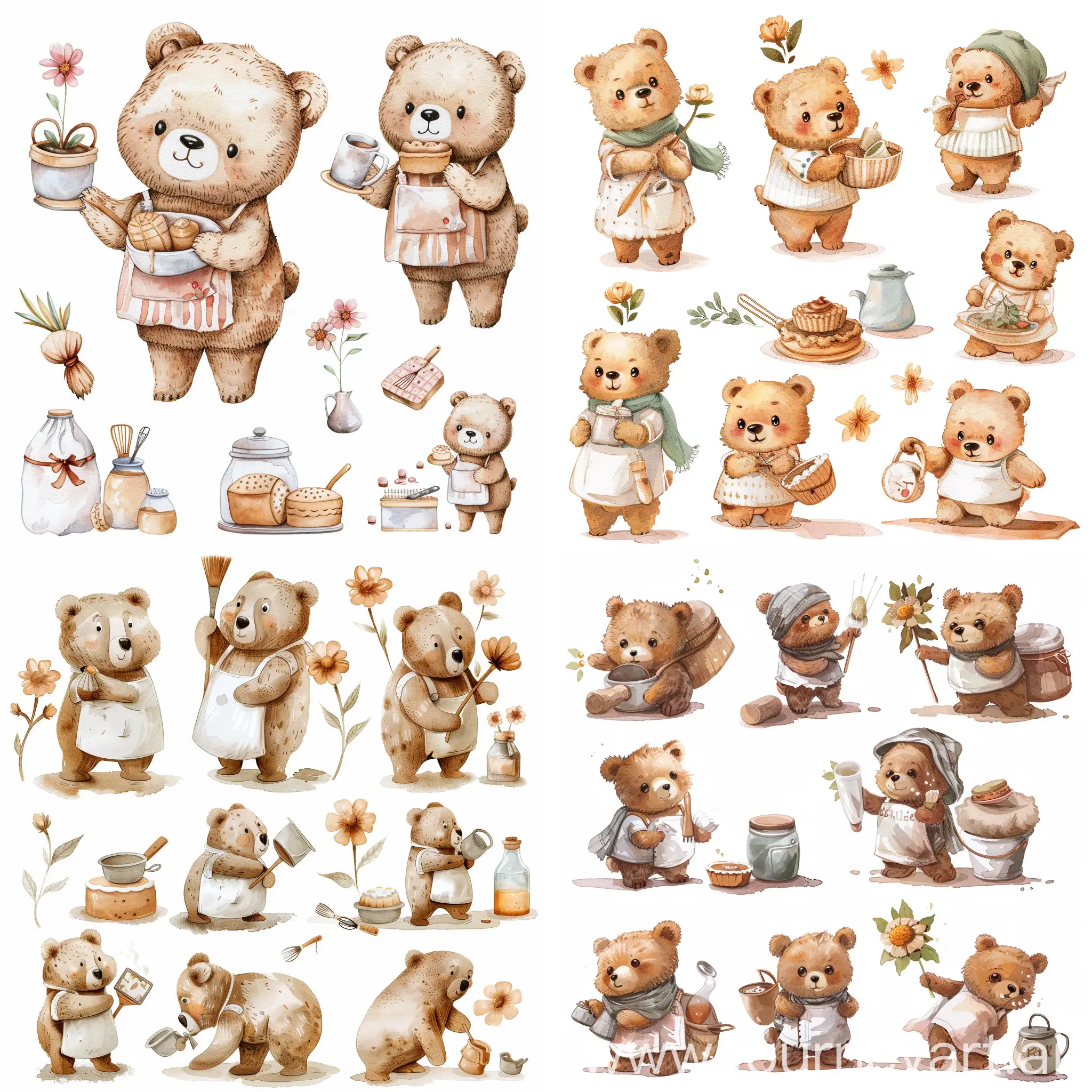 little chubby cute bear flower woollen texture character, Carrying other things baking stuff, multiple poses and expression, children book illustration, simple cute, watercolor illustration, collection, isolated on white background
