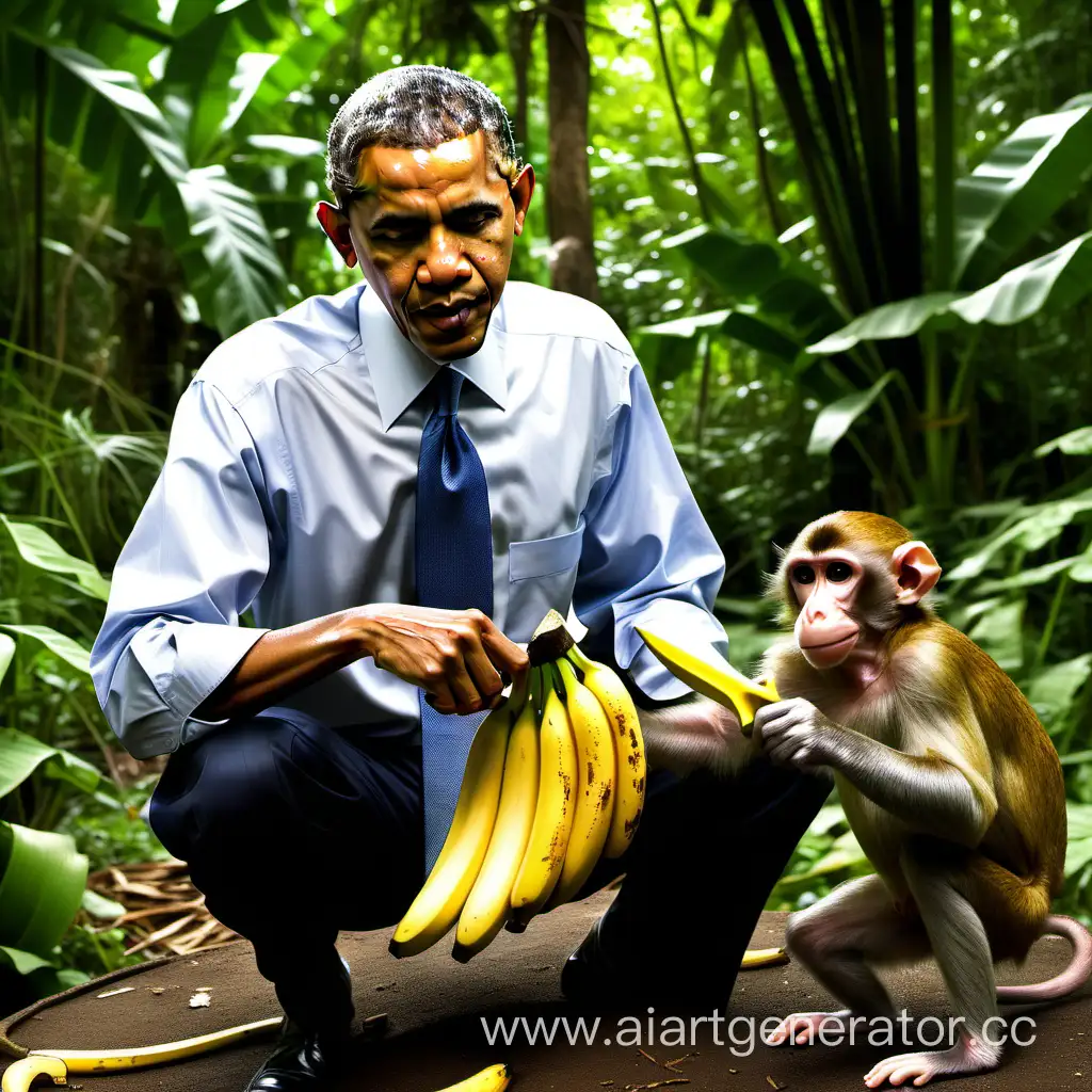 обама помогает обезьянам в джунглях собирать бананы, у абамы в правой руке нож из банана