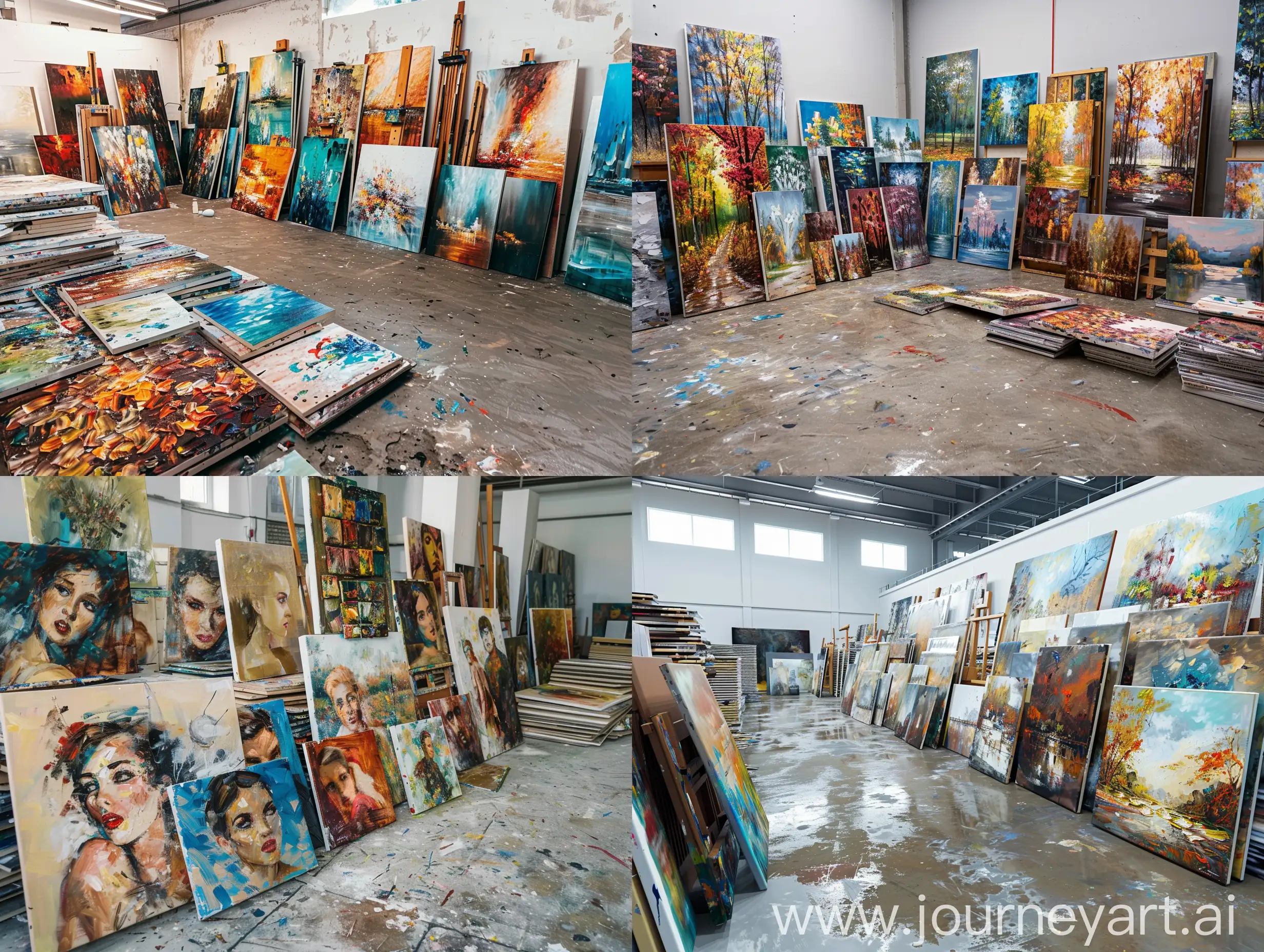 (Super large oil painting studio))), ((A large number of handmade oil paintings are piled up in the studio))), ((Arranged in order)), ((Clean non-reflective cement floor)), (Realistic, 8K resolution paintings quality, panorama)