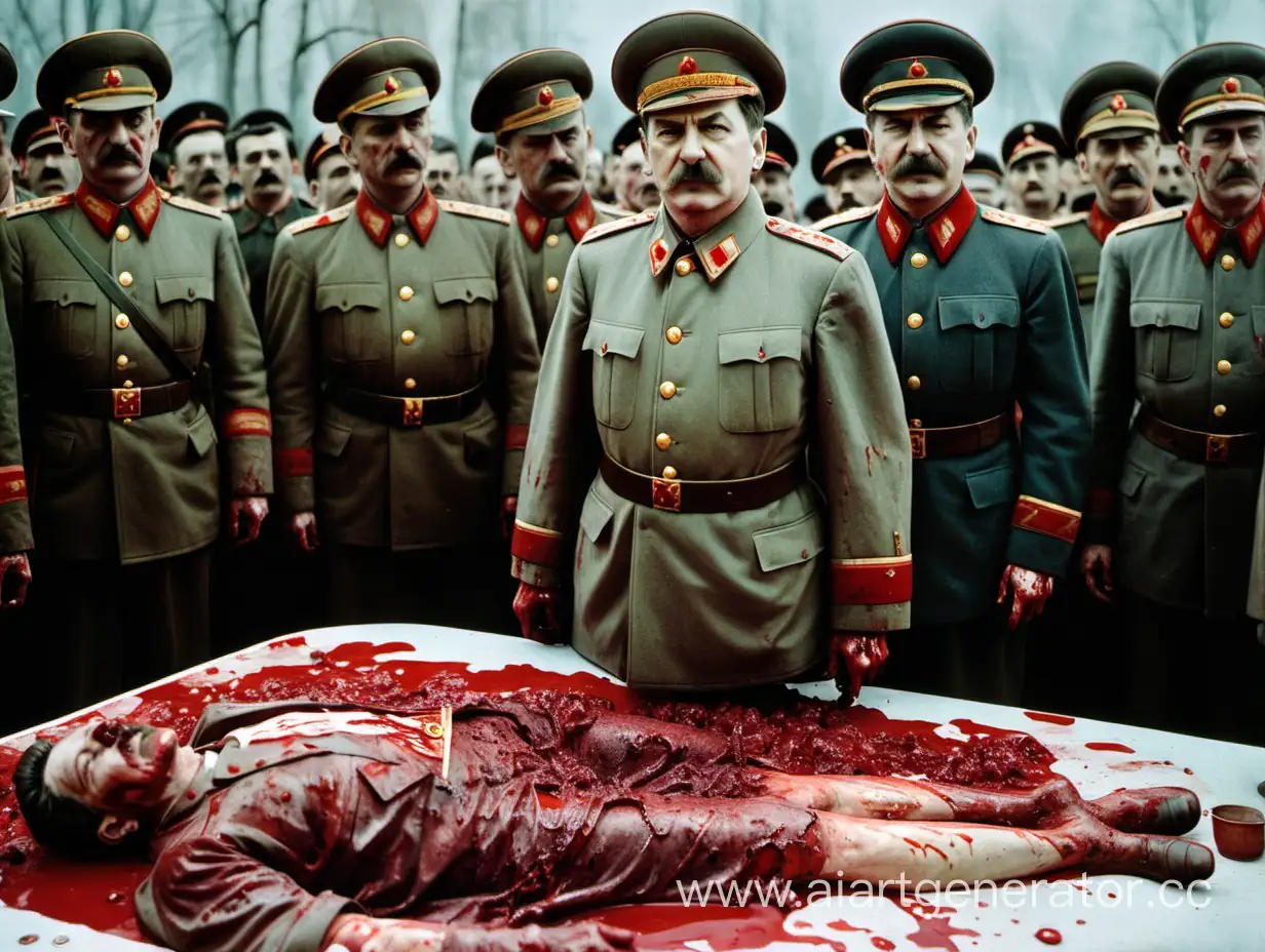 Stalin stands completely covered in blood