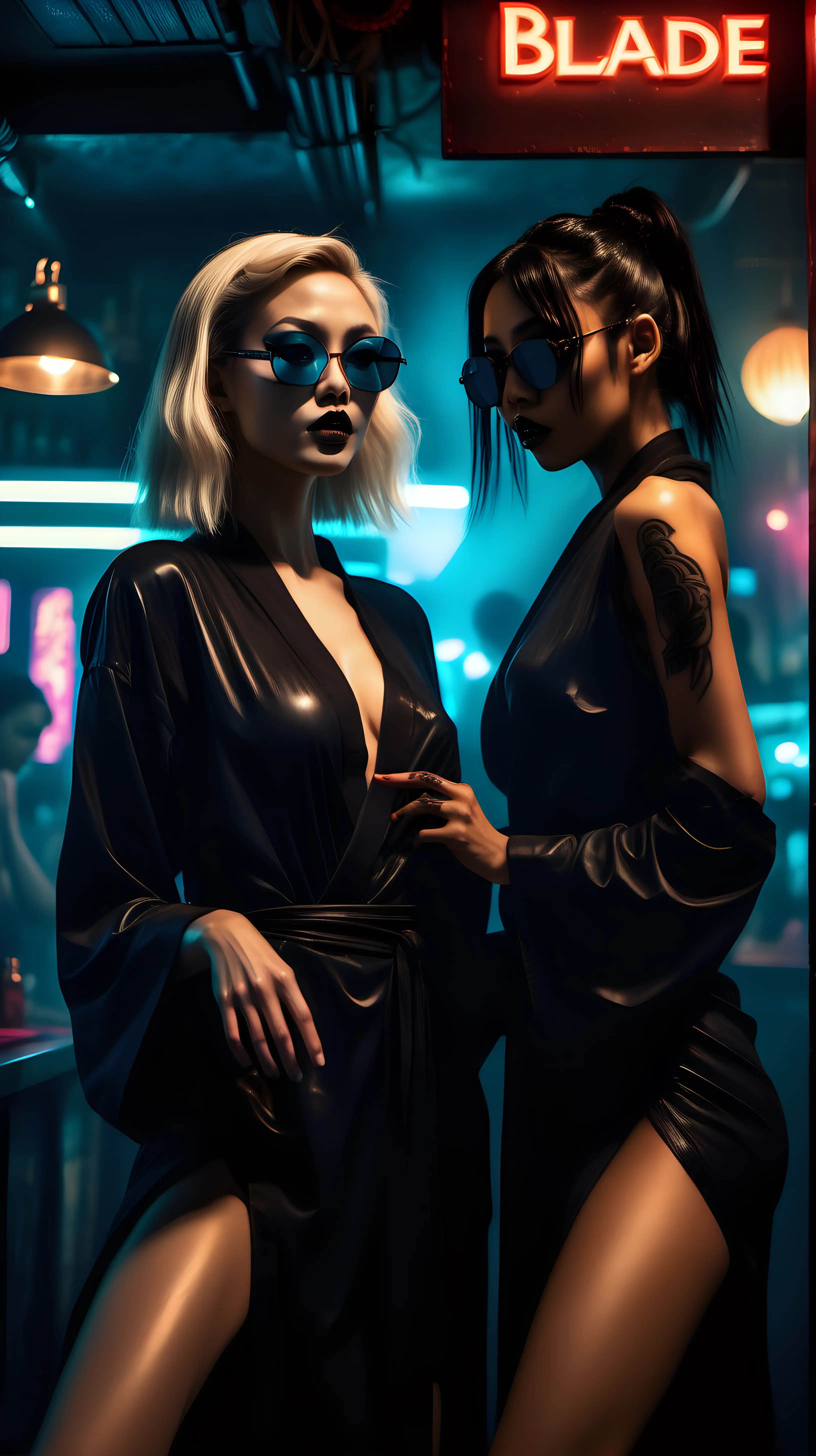 Seductive Dance Hyperrealistic Women in Black Sunglasses Share Intimate Kiss in Blade Runner Asian Bar