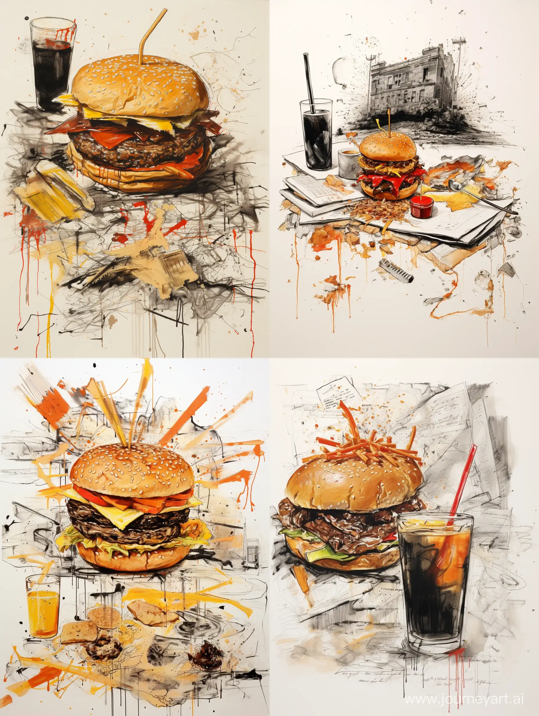 half of a burger, one whiskey tumbler, pages of a manuscript, cigarettes, ashes, mustard spilled, ketchup smeared, potato fries::1 on a side, view from above, no background, Ralph Steadman's style in ink, erratic, --no faces, bottles, wine
